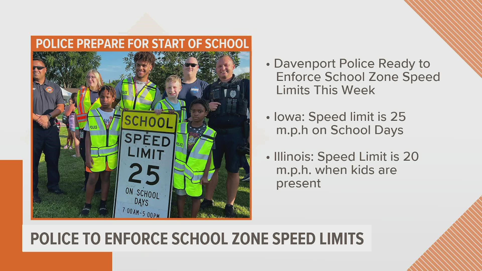 In Iowa, the speed limit is 25 mph on school days. In Illinois, the speed limit is 20 mph when kids are present.