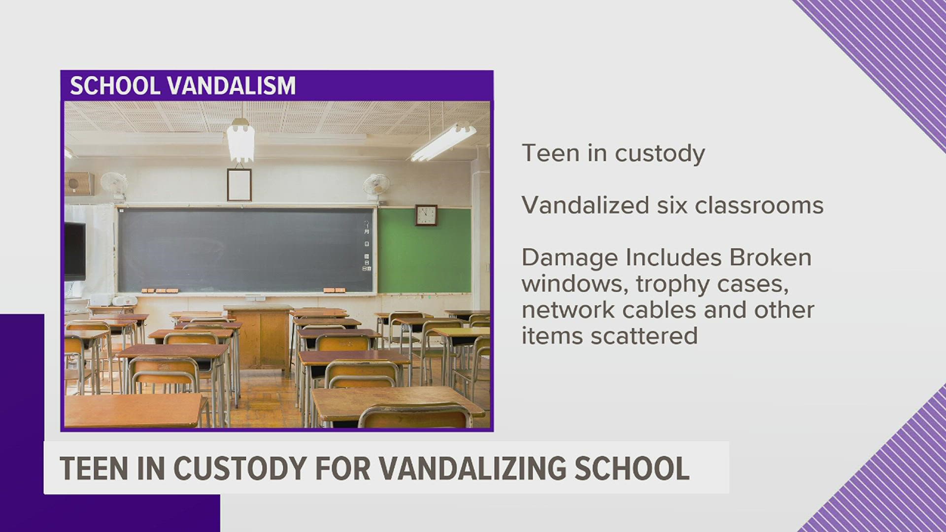 The school says damages included broken windows and trophy cases. Classes were canceled due to the damages on Monday.