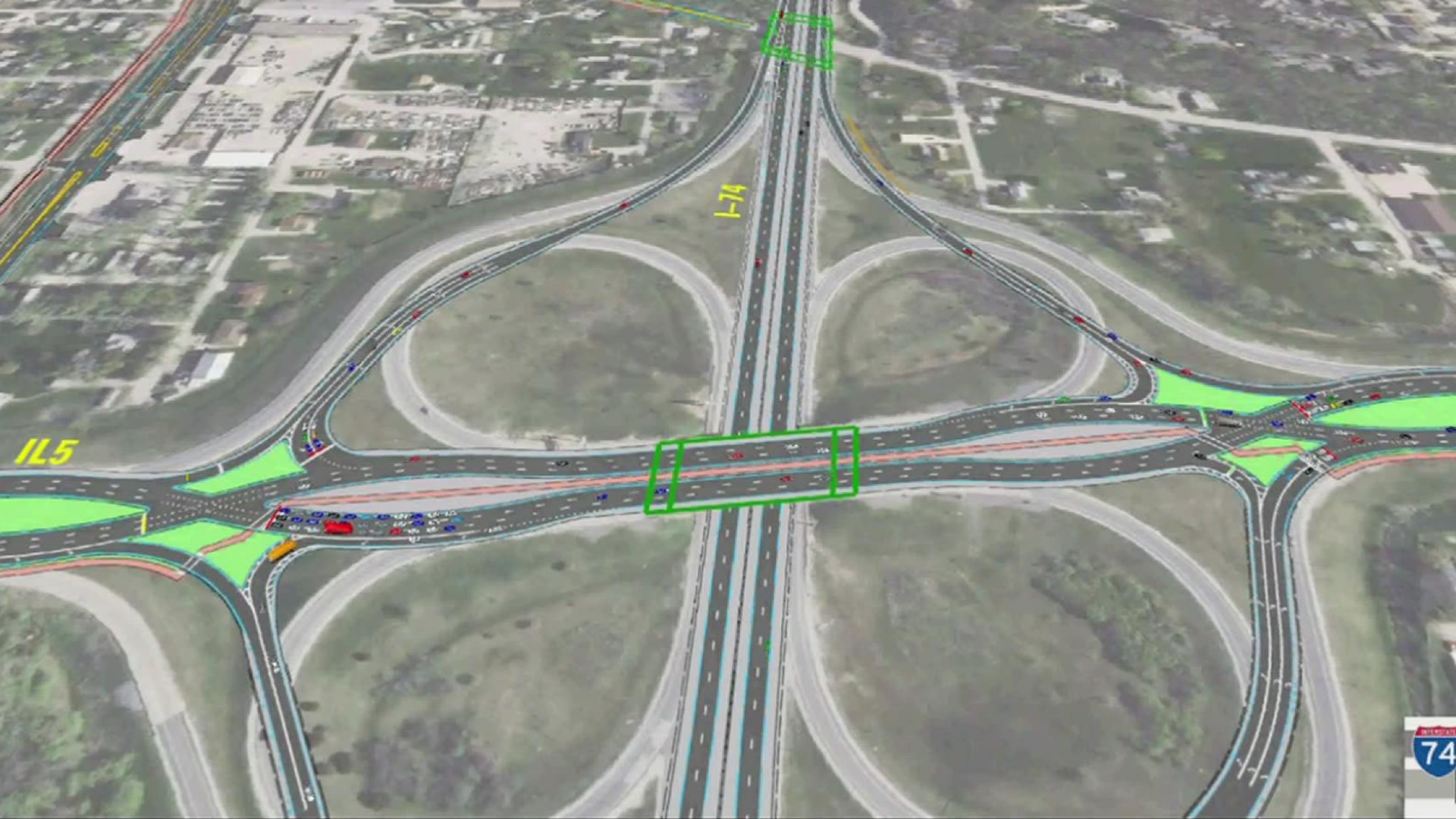 The new interchange would remove the clover ramps and replace it with a diverging diamond interchange, which has you temporarily drive on the left side of the road.
