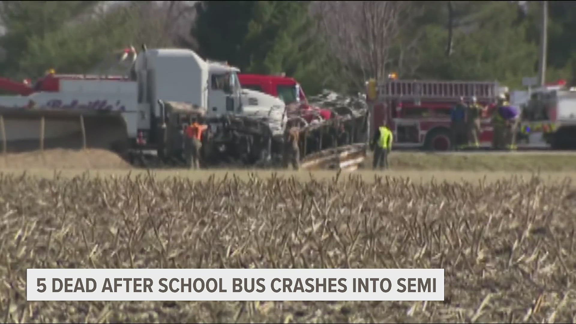 Two of the children who were killed were siblings. Another child, along with the bus driver and the driver of the semi it collided with also died.