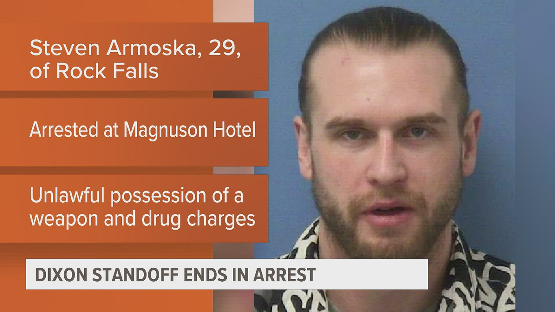 Steven Armoska, 29, allegedly threatened a person at gunpoint before barricading himself in a room. He's being charged with aggravated assault and other offenses.