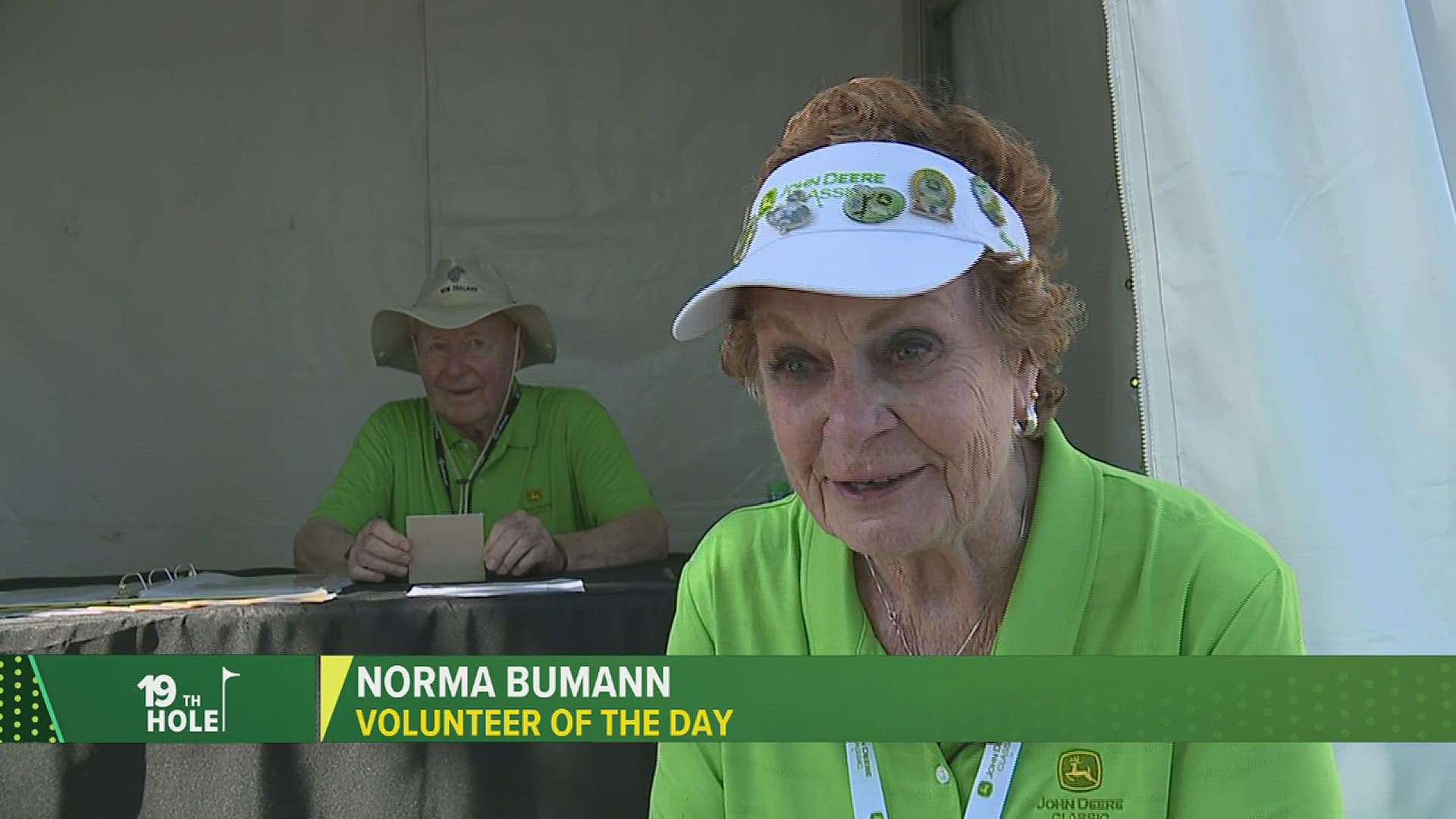 The 19th Hole's first Volunteer of the Day for the 2022 John Deere Classic is Norma Bumann, who has been helping everyone find their way around the course.