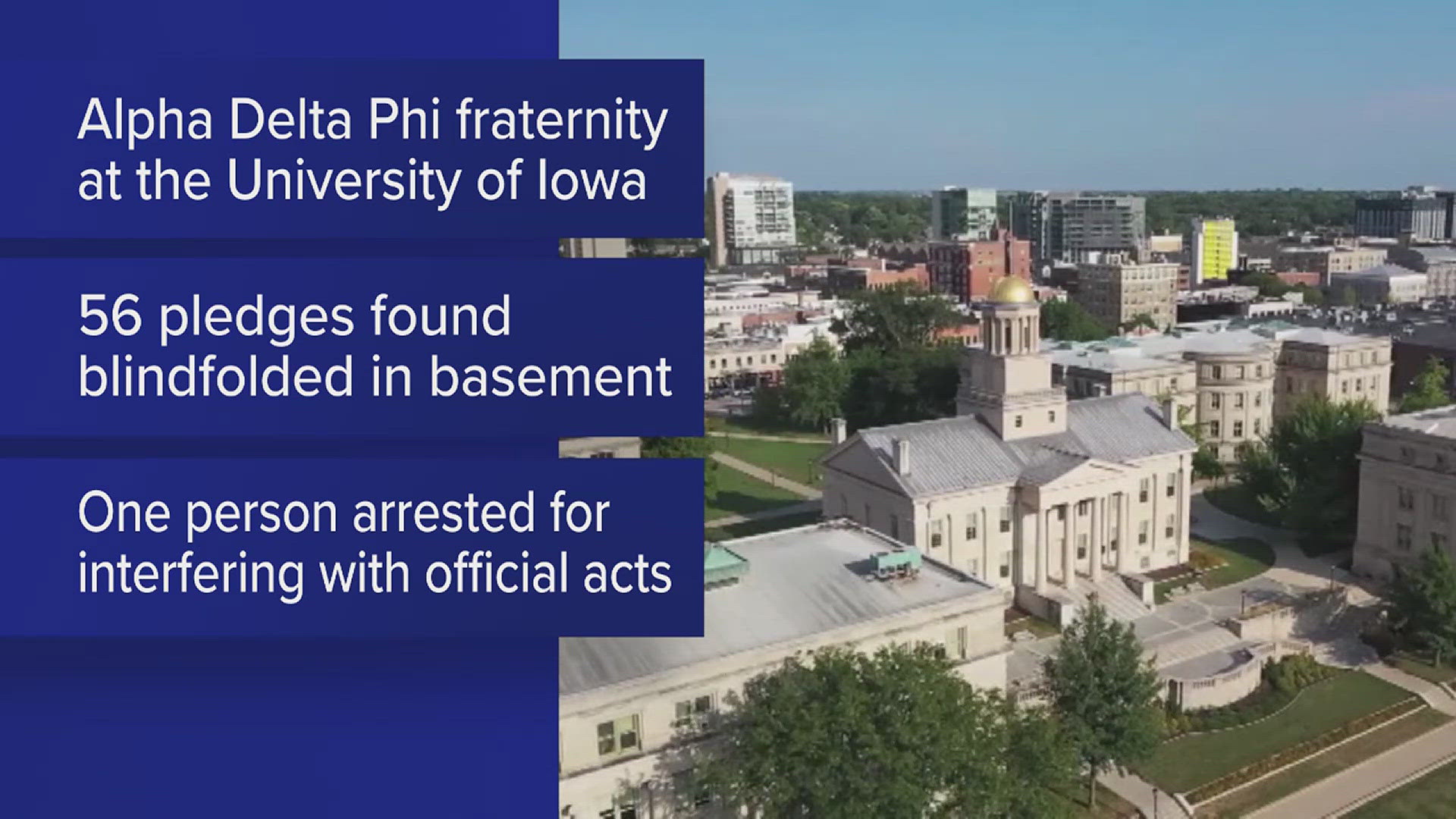 Police said they responded to the Alpha Delta Phi fraternity due to a fire alarm when they found the pledges blindfolded in the basement with food thrown at them. 