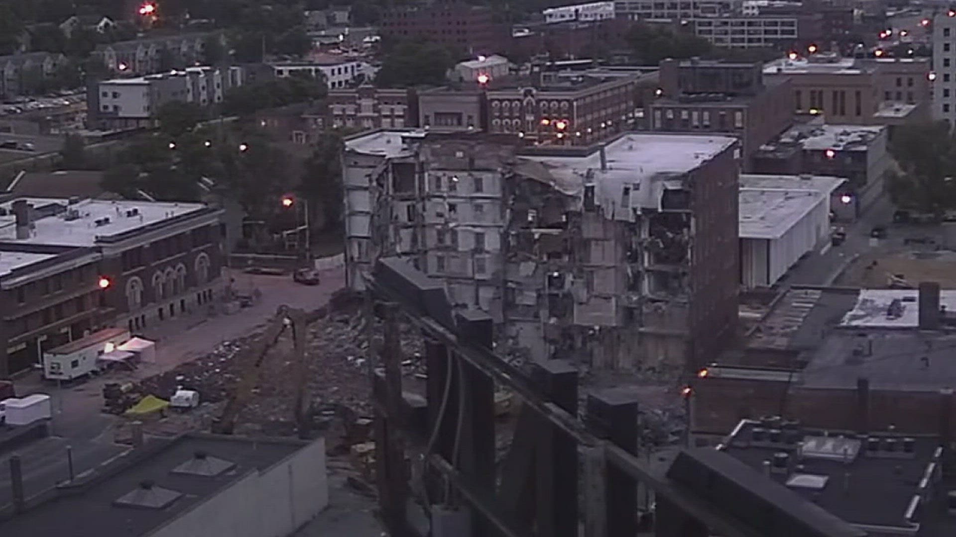 Demolition continued on Tuesday, June 13, at the site of the partially collapsed apartment. The City of Davenport expects the work to take several weeks.