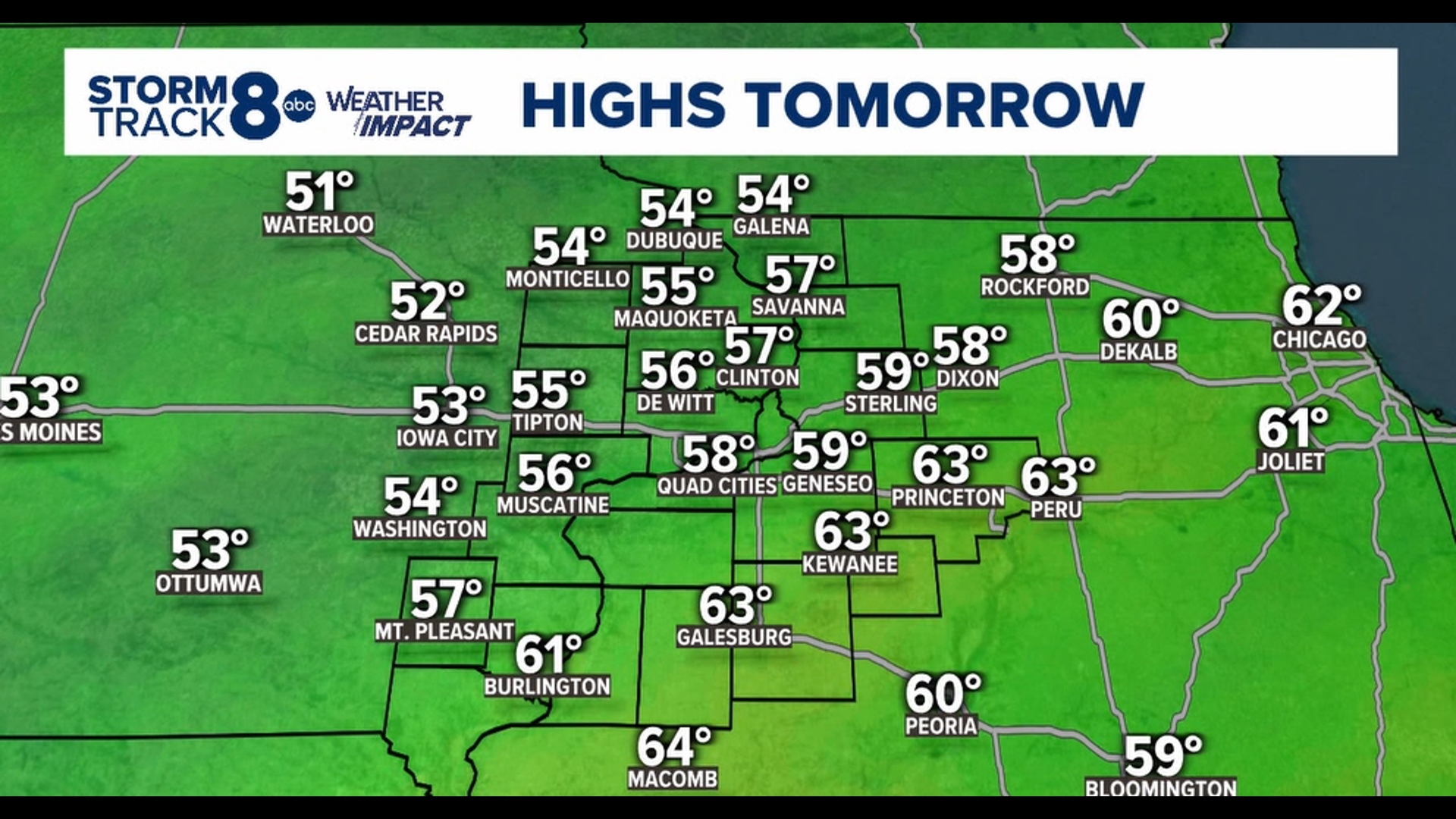 It looks to be a little bit warmer tomorrow, with highs back into the upper-50s and a slight shower chance in the afternoon.