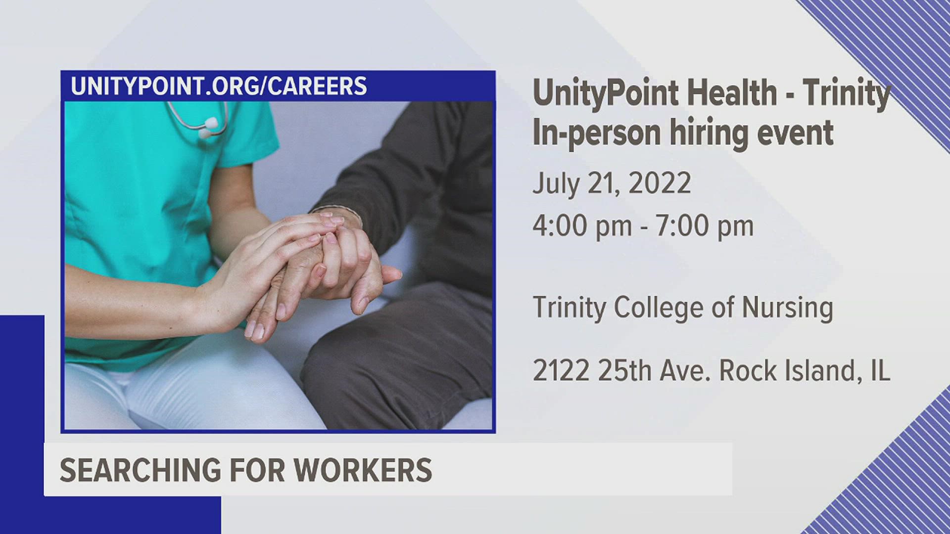 UnityPoint Health has about 400 open positions across its facilities. It will host an in-person hiring event 4-7 p.m. Thursday at Trinity College of Nursing.