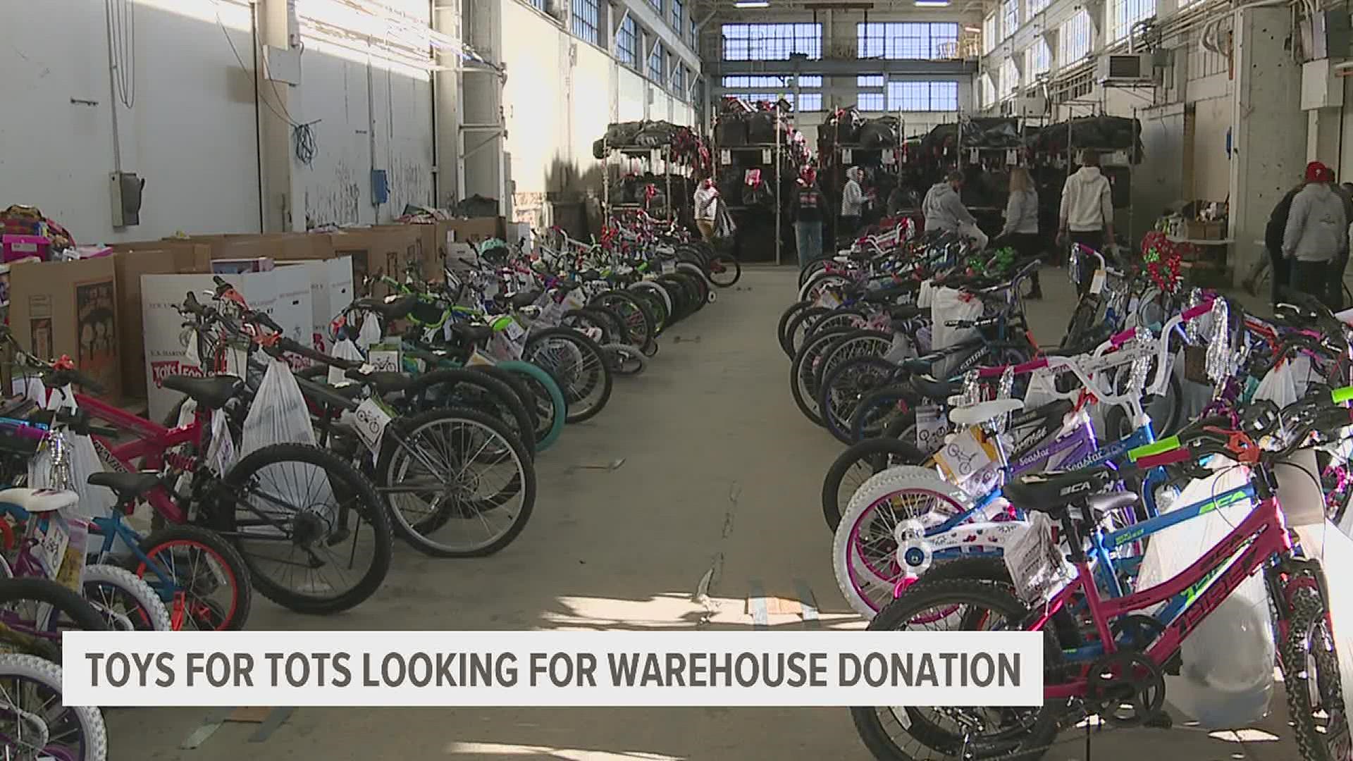 The Marines are looking for a temporary location to be donated this year. They use the warehouse as their headquarters to store and distribute toys.