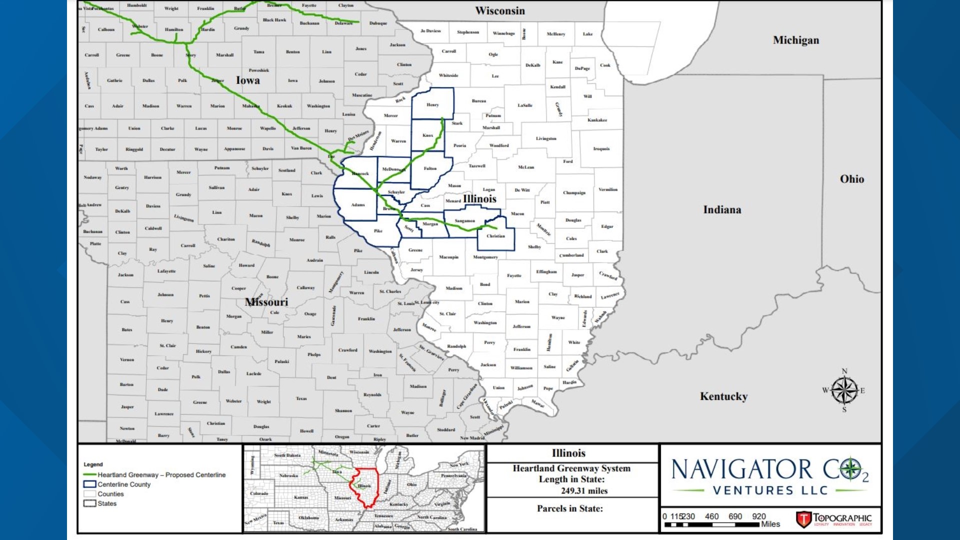 Navigator CO₂ Ventures proposed 1,300-mile long pipeline would run through five Midwestern states, including 13 counties in Illinois.
