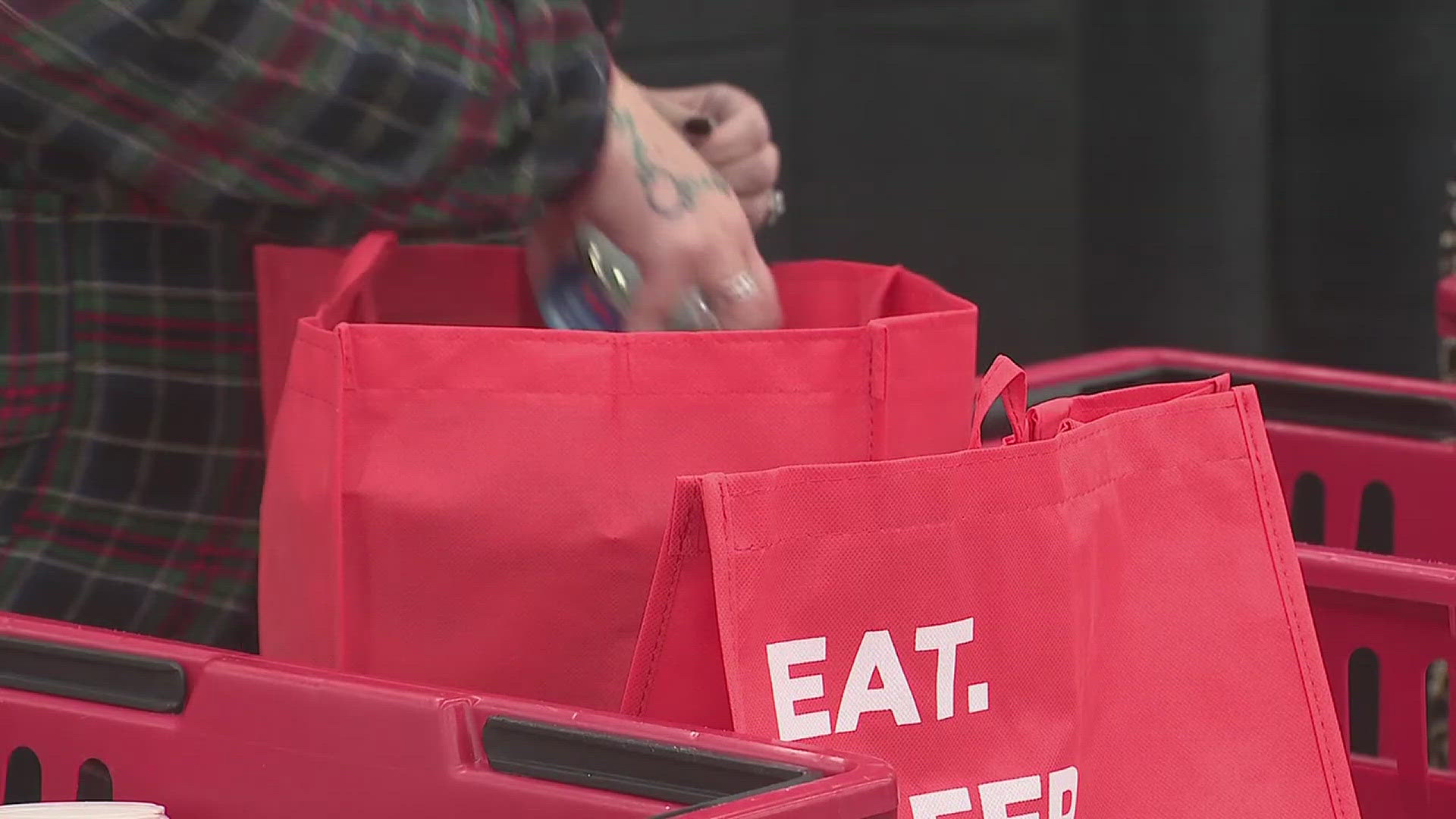 The competition tests grocery bagging skills in a contest to win a month's worth of groceries.