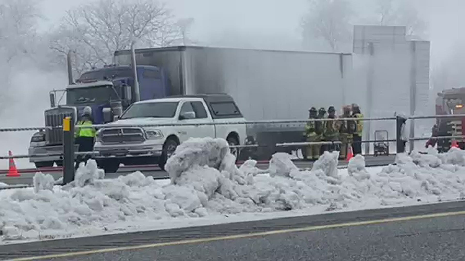 A semi was smoking on the Illinois-bound Interstate 80 near the LeClaire, Iowa ramp Monday, Jan. 4, 2021.