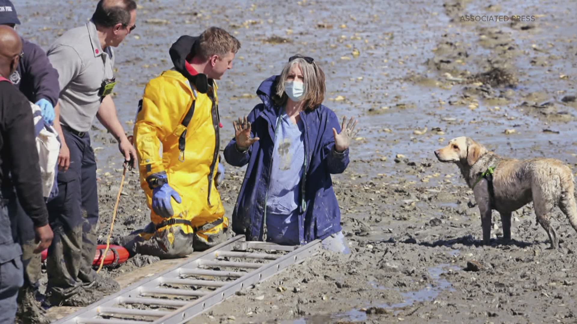 The Boston Herald reports that 54-year-old Camille Coelho had to be rescued by firefighters Thursday after getting stuck to her knees in wet sand.