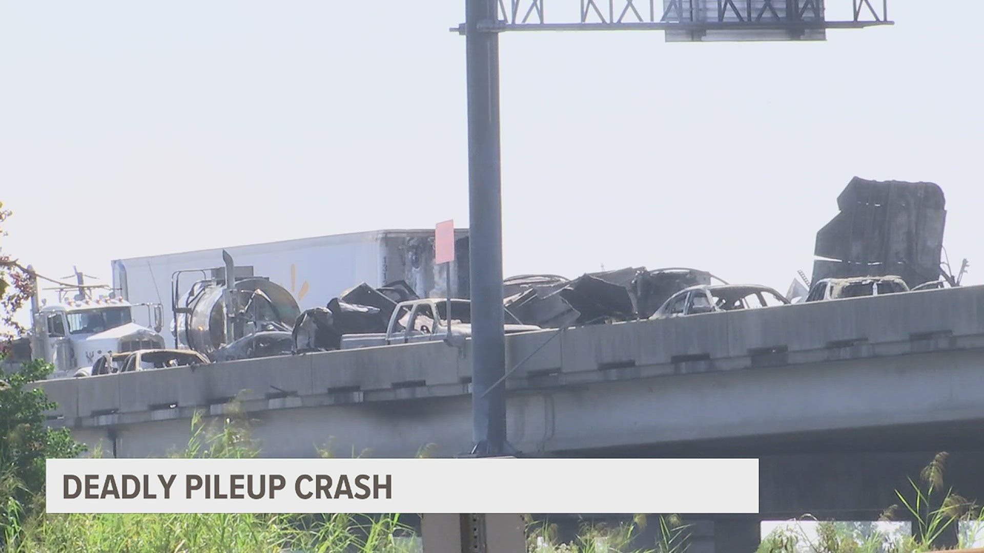 Interstate 55 outside of New Orleans looked like a junk yard after dense fog created low visibility. One semi caught fire and one car had fallen off the bridge.