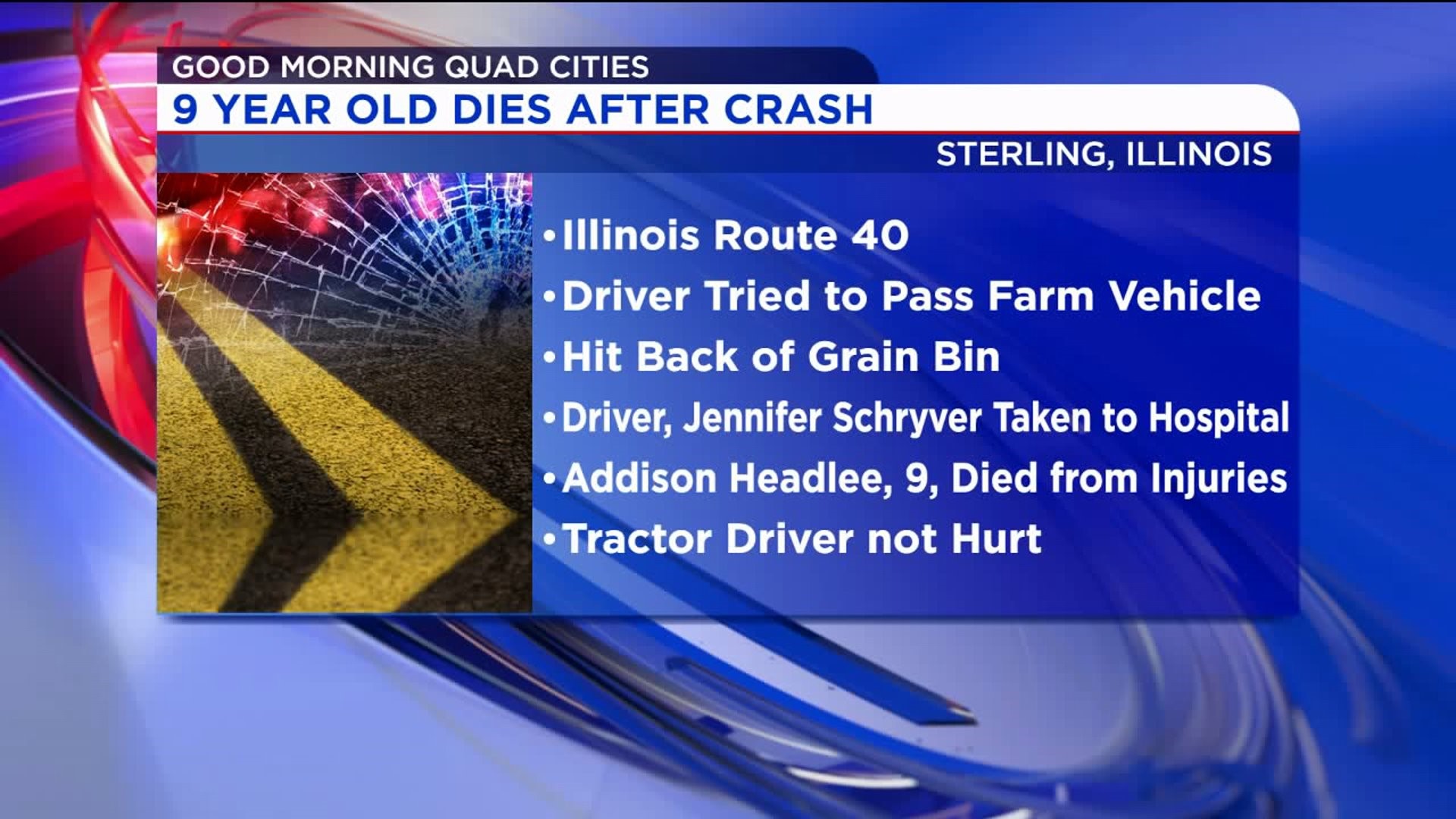 Car vs tractor crash in Whiteside County kills 9-year-old passenger
