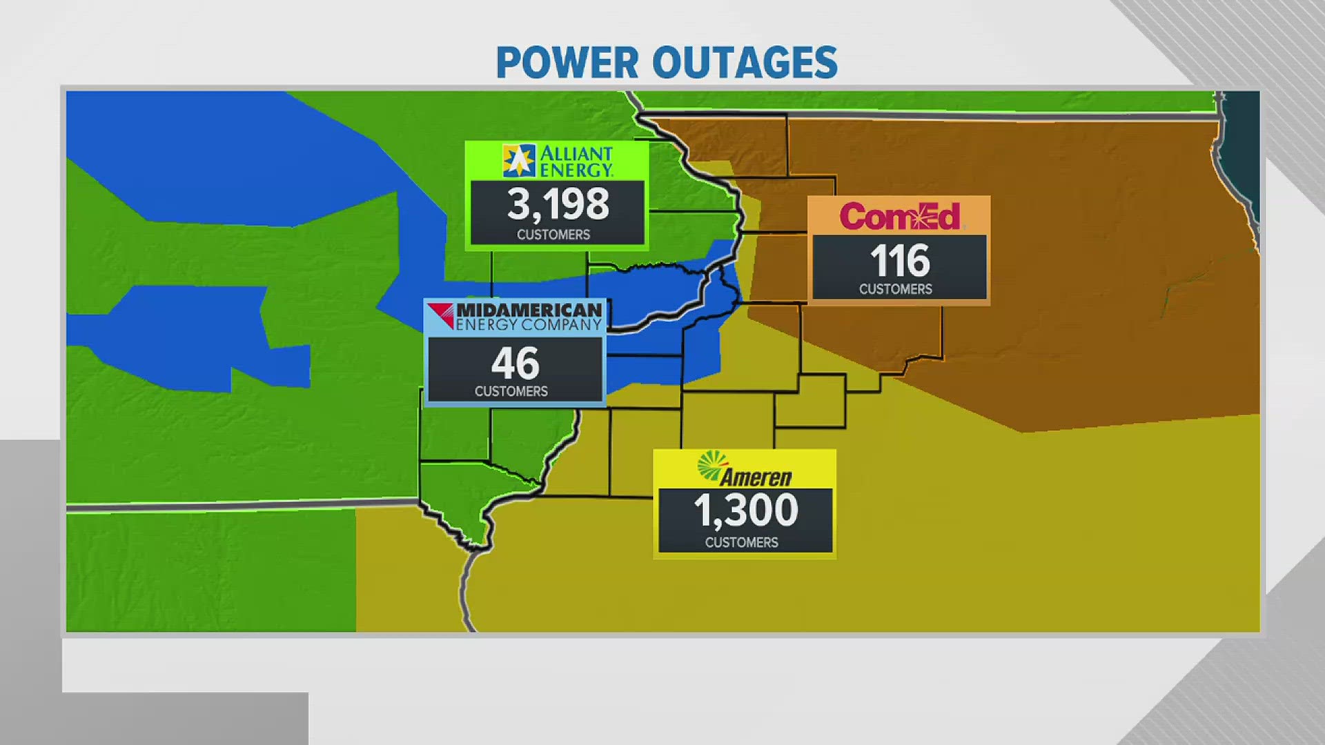 Around 5 p.m. after the first round of severe storms rolled over the QCA, power companies reported over 4,500 power outages.