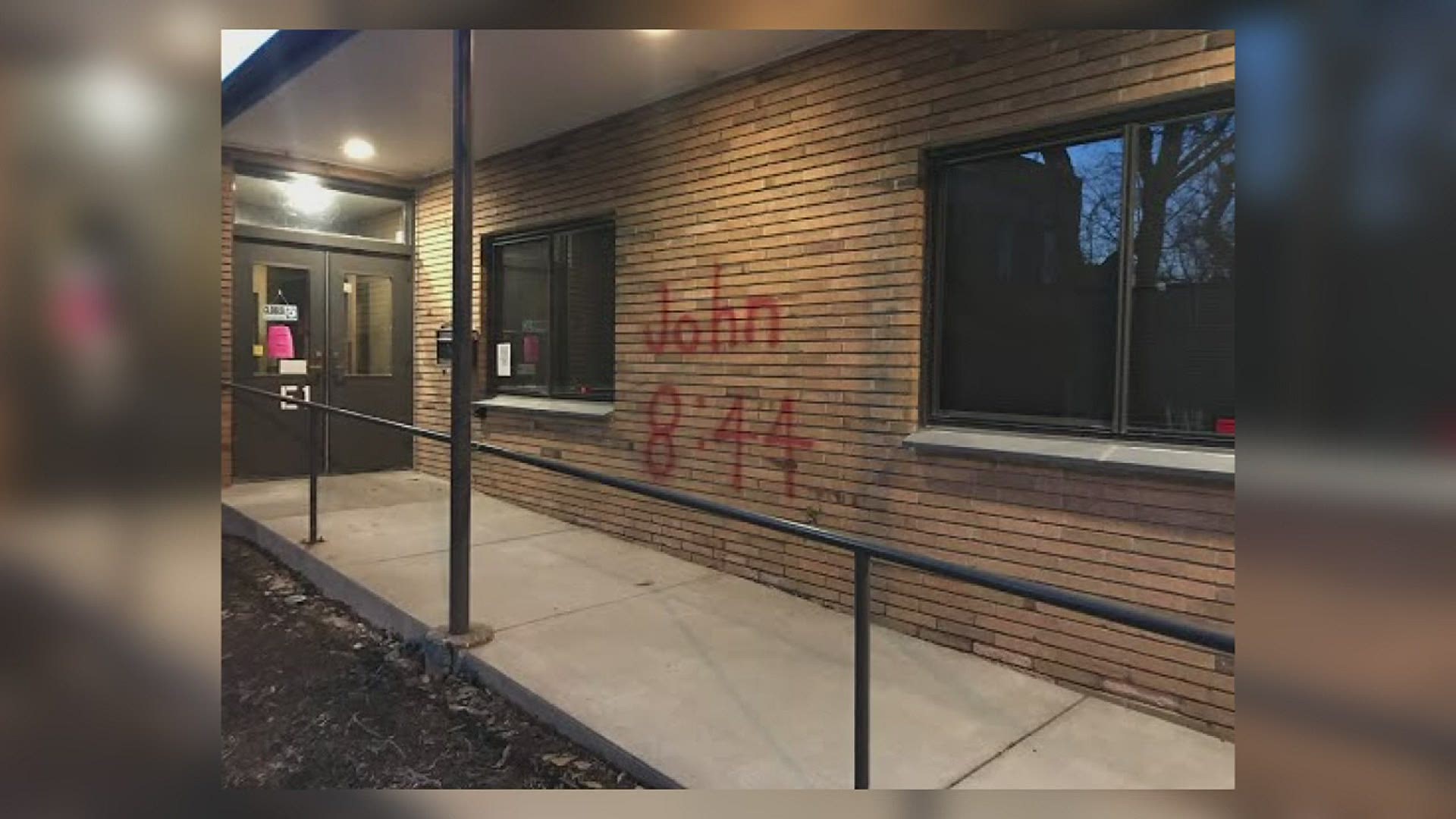 Temple Emanuel was vandalized on Thursday, with spray paint citing John 8:44, a verse in the New Testament in the Christian Bible.
