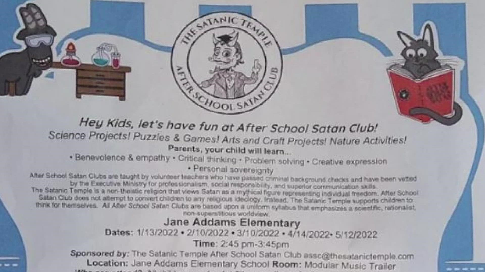 The district is facing controversy after a flyer inviting students to "After School Satan Club" began making the rounds on social media earlier this week.
