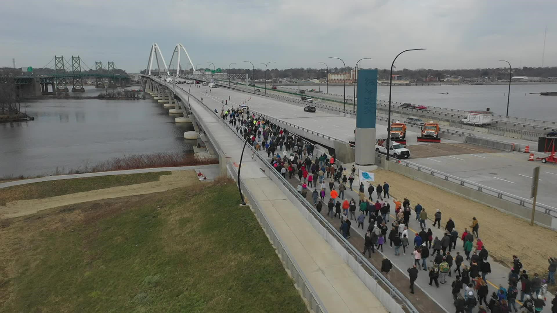 The Illinois-bound bridge span was open for people to walk on it before the bridge is opened to vehicle traffic.