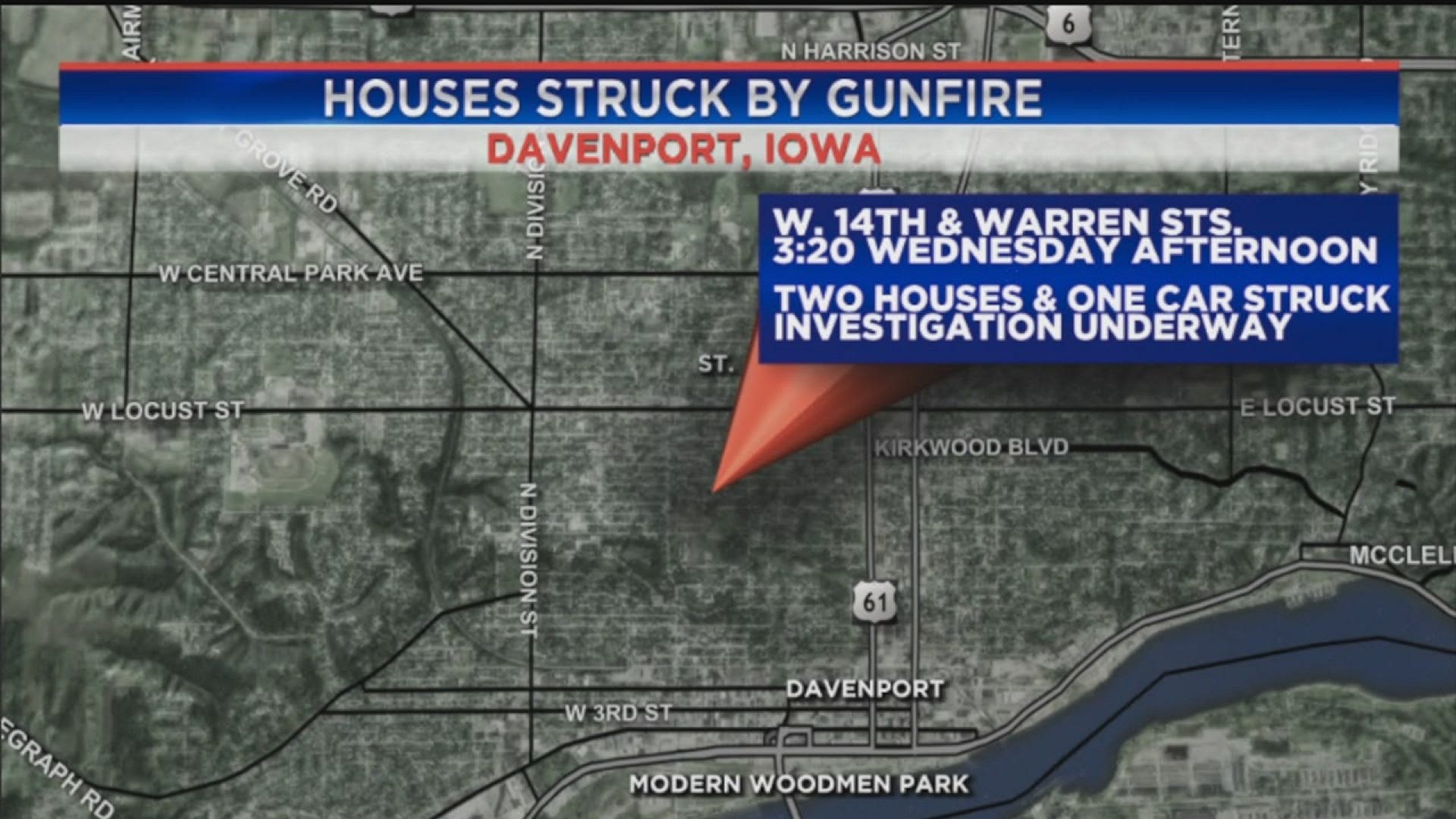 Davenport police say two houses and one car were hit.