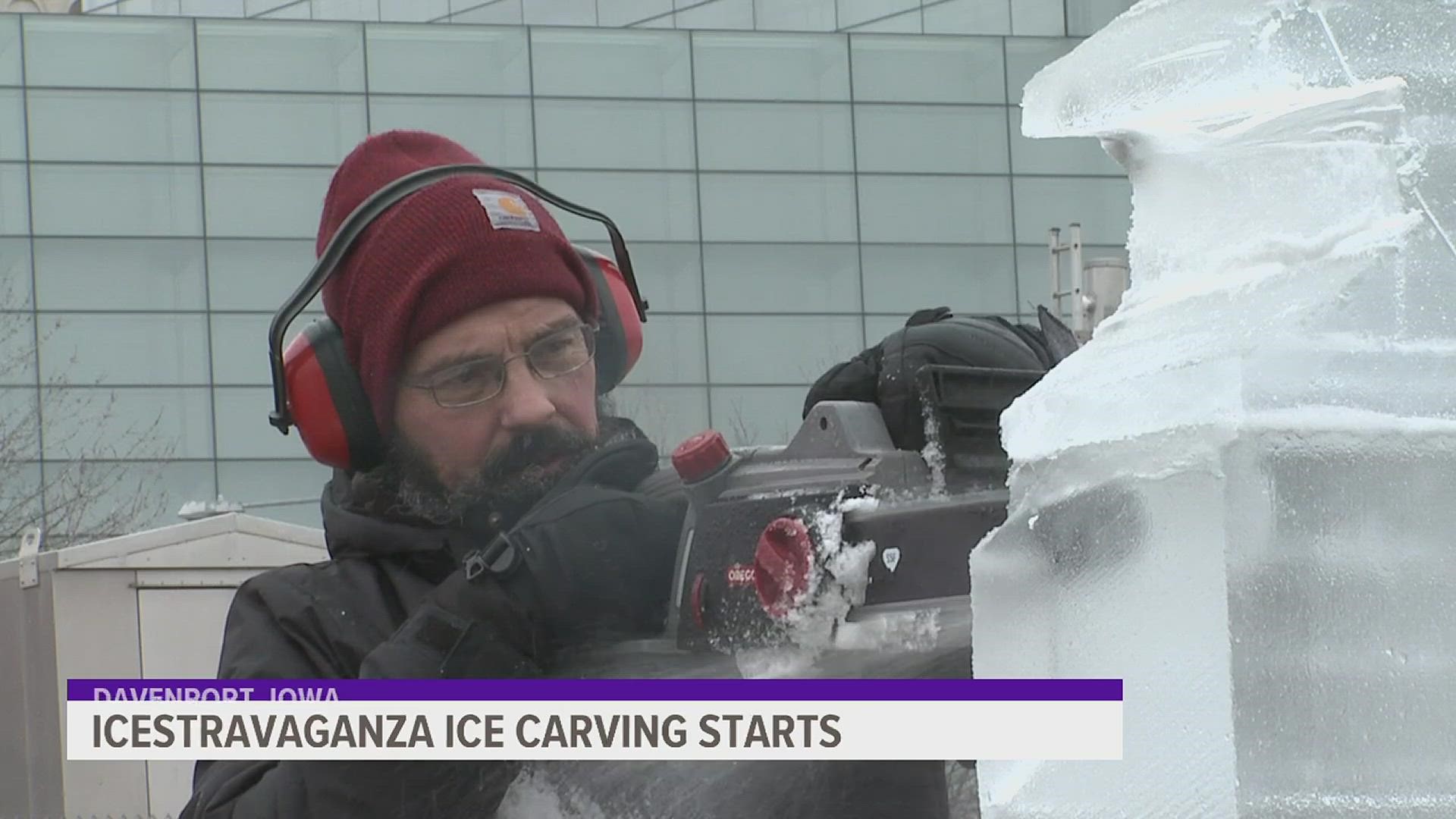 Ice carvers in Davenport are working on more than a dozen sculptures for the weekend, even though they got to a delayed start thanks to warmer temperatures.