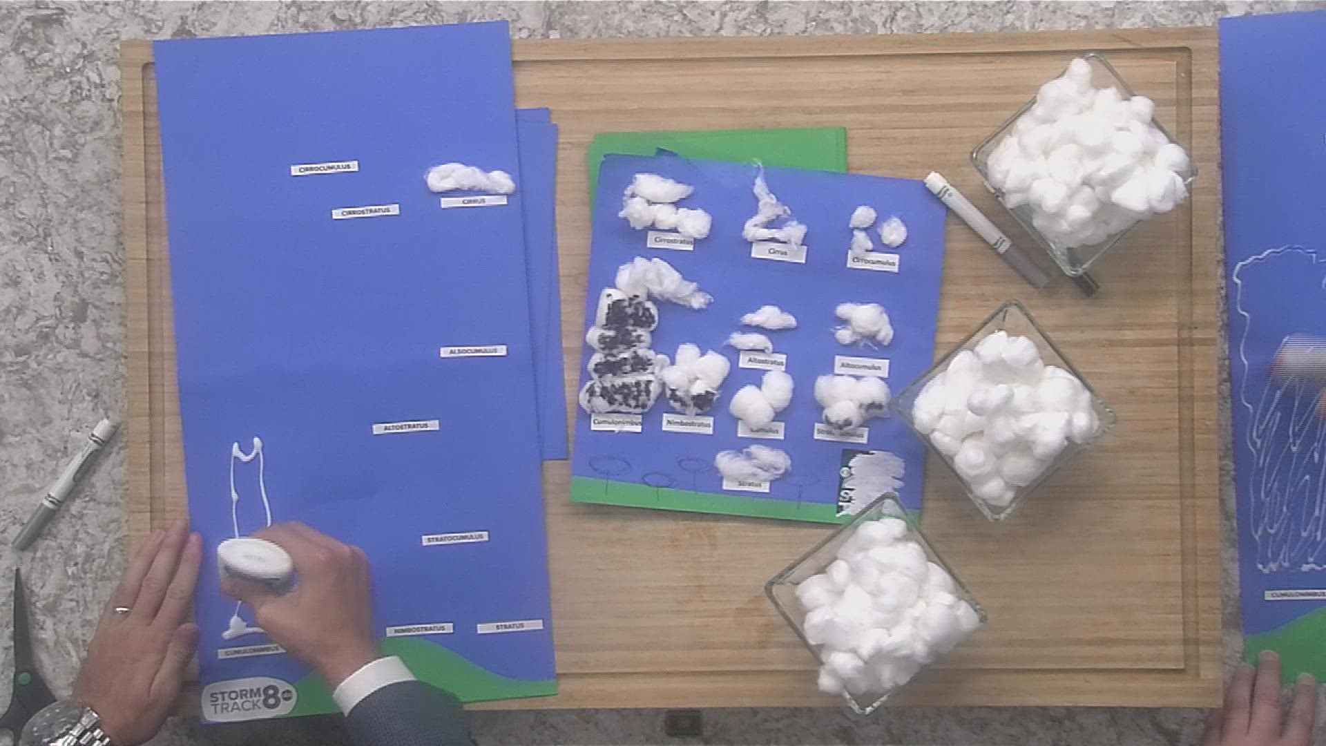 We create our very own StormTrack 8 cloud chart using construction paper and cotton balls.