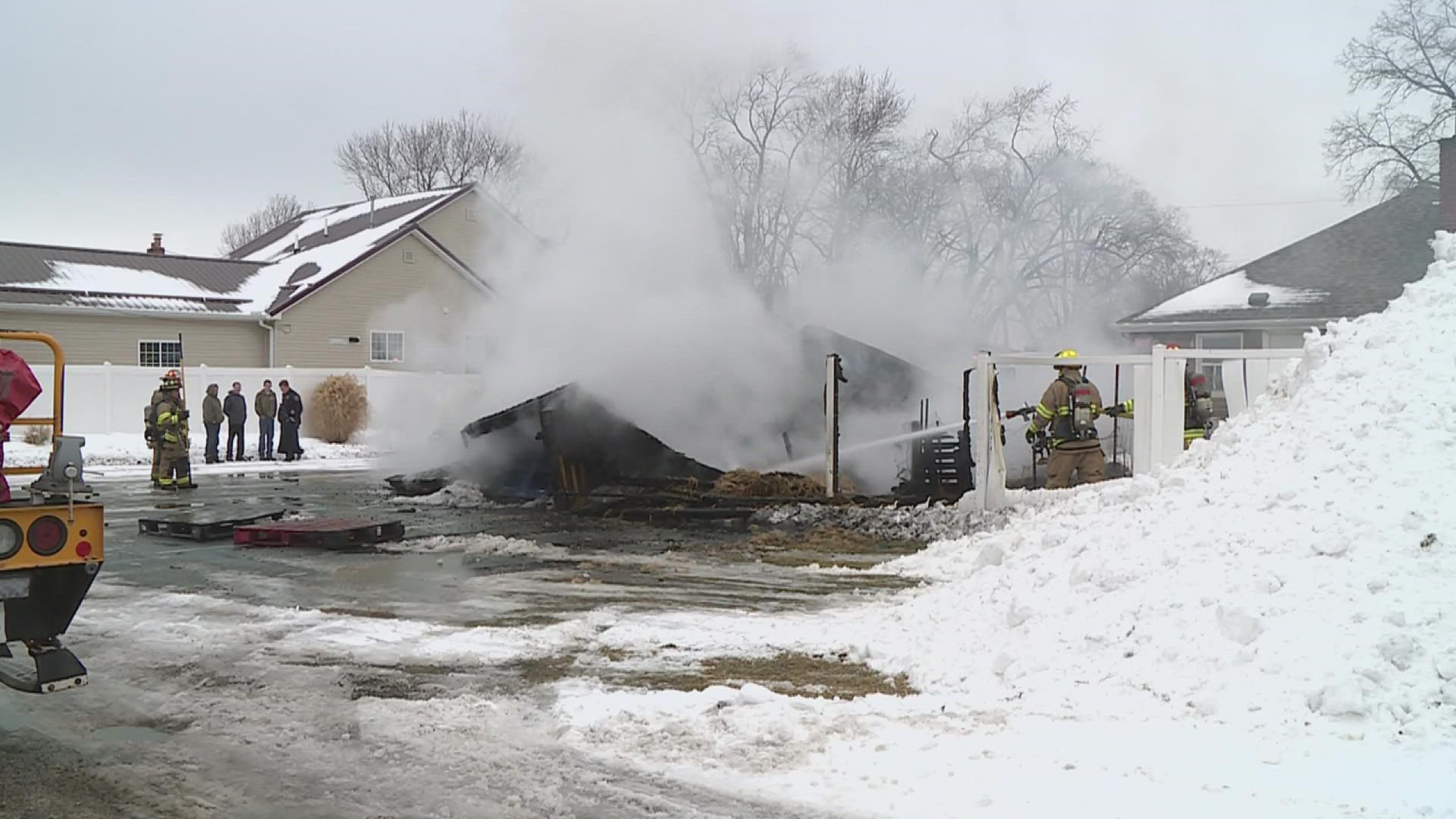 A garage in East Moline, Illinois, collapsed after heavy fire damage Sunday afternoon, Jan. 16.