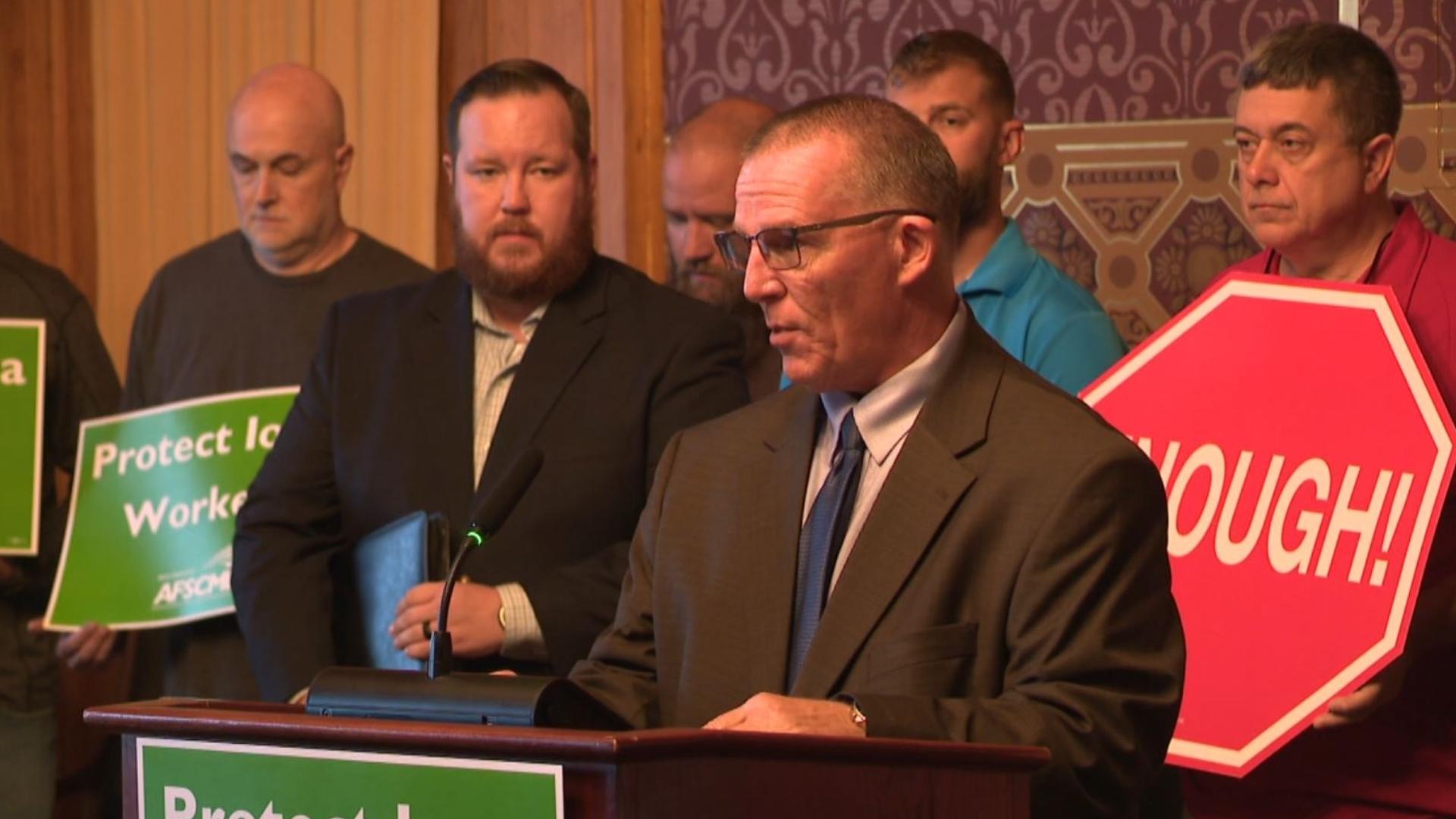 AFSCME Council 61 leaders and Iowa representatives spoke at a press conference on Thursday at the Iowa State Capitol.