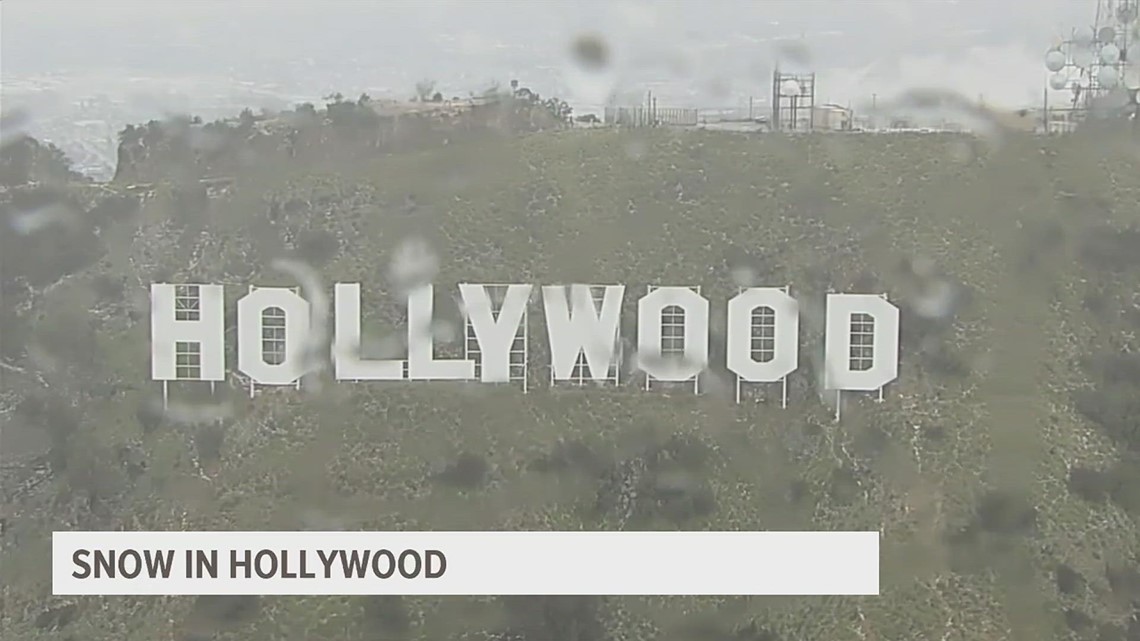 Snow covers the Hollywood sign in Los Angeles