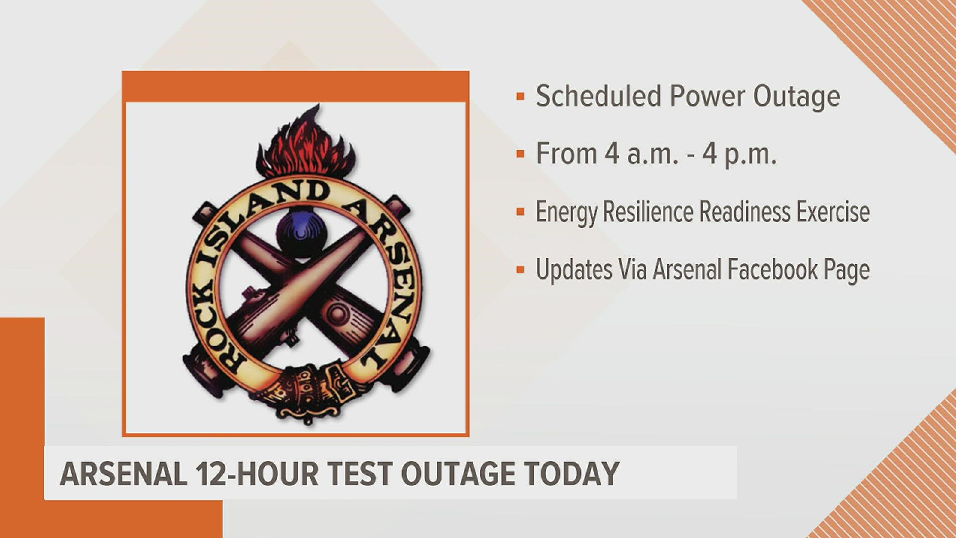 The Rock Island Arsenal will undergo a scheduled power outage Monday to test its energy systems, critical infrastructure and equipment.