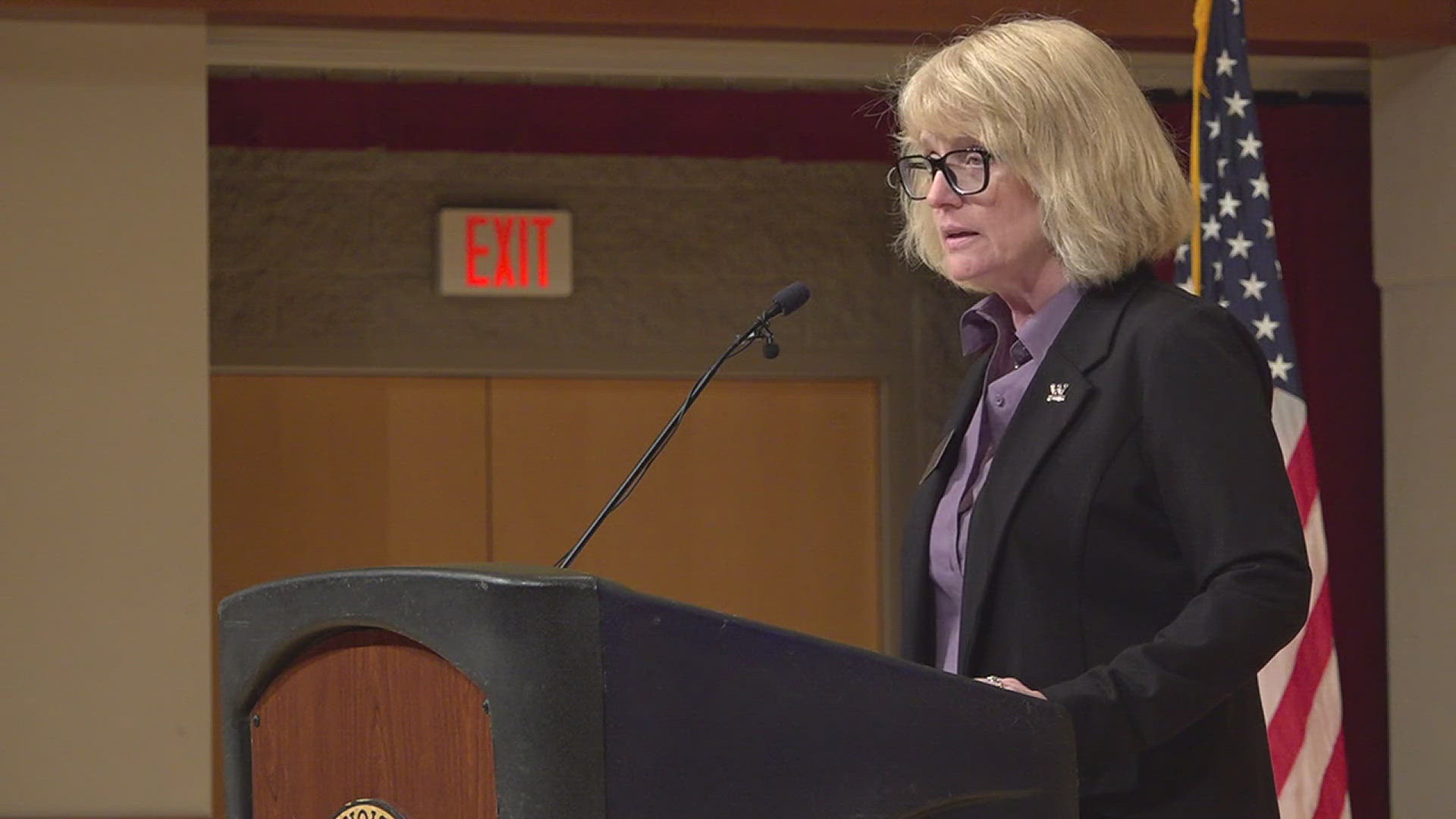 Interim President Kristi Mindrup spoke about the layoff decision during a university address on Friday morning.