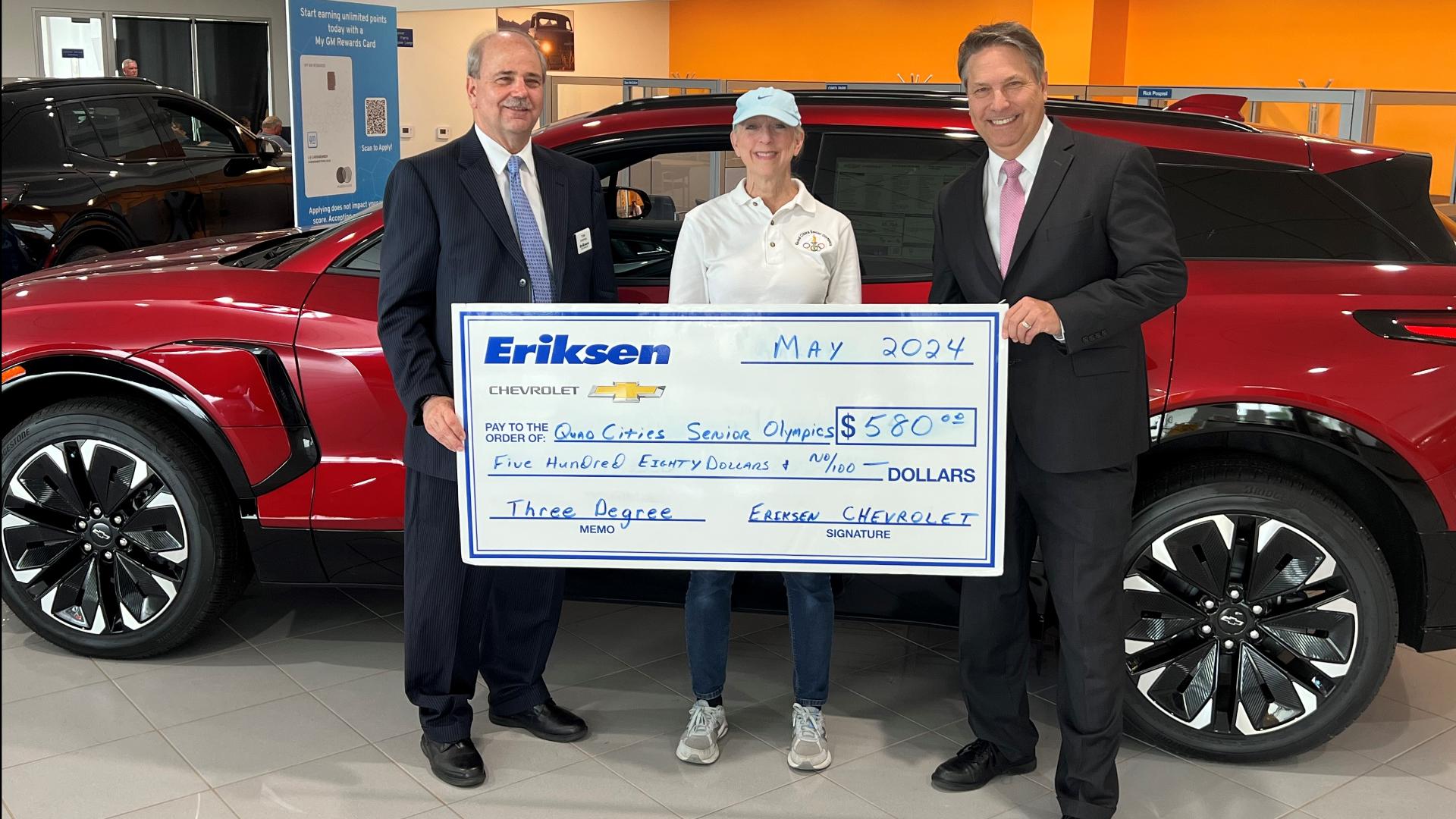 The Quad Cities Senior Olympics received $580 from Eriksen Chevrolet as the recipient of the May 2024 Three Degree Guarantee.