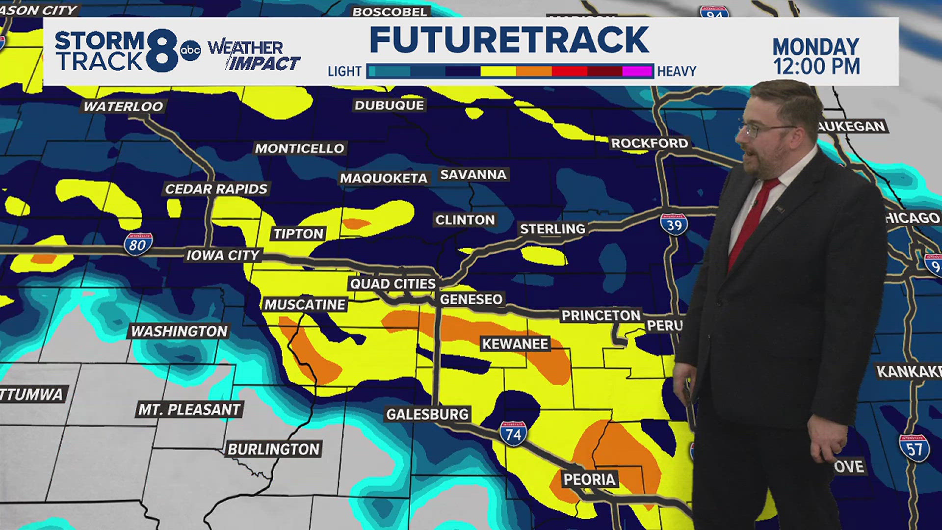 Warmer temperatures and lighter winds are on track for Sunday with a few showers. A widespread, soaking rain and embedded thunderstorms arrive Monday.