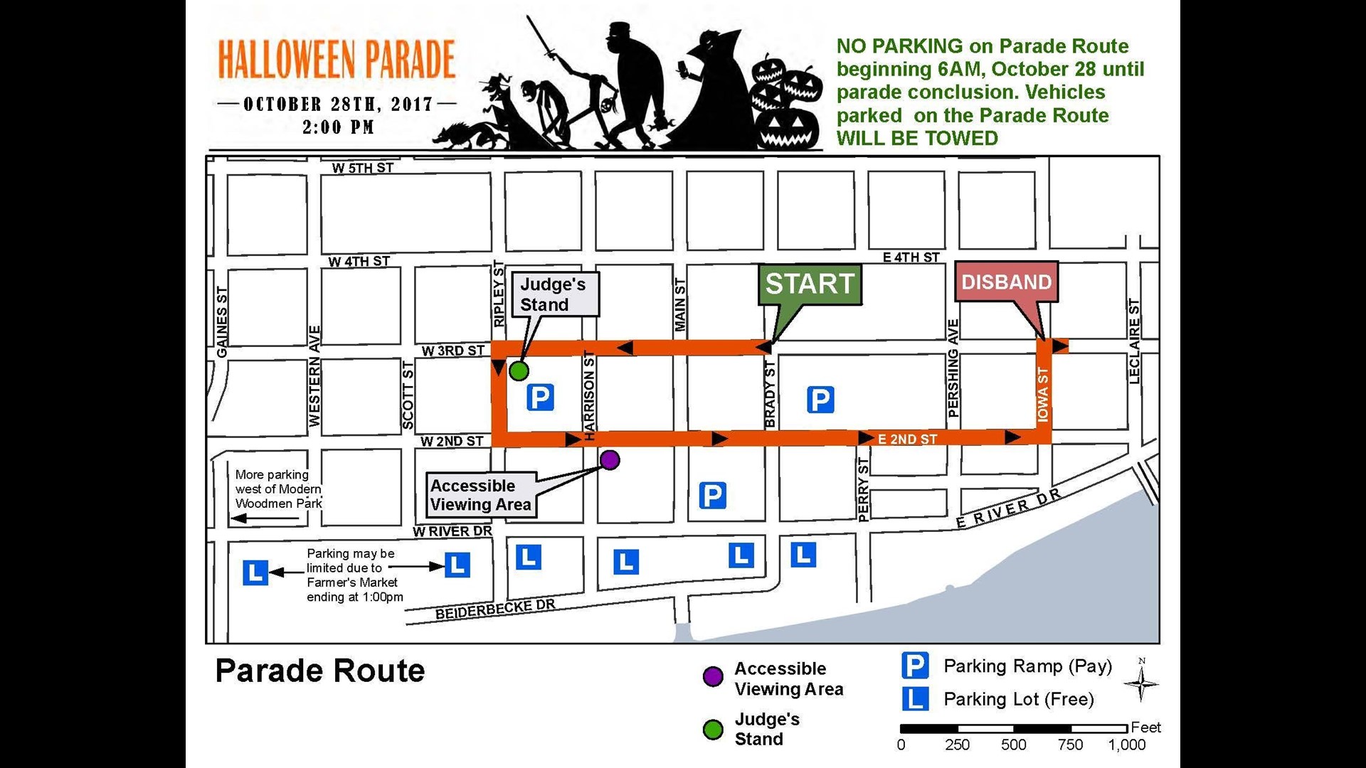 Which roads will be closed for Davenport’s Halloween parade