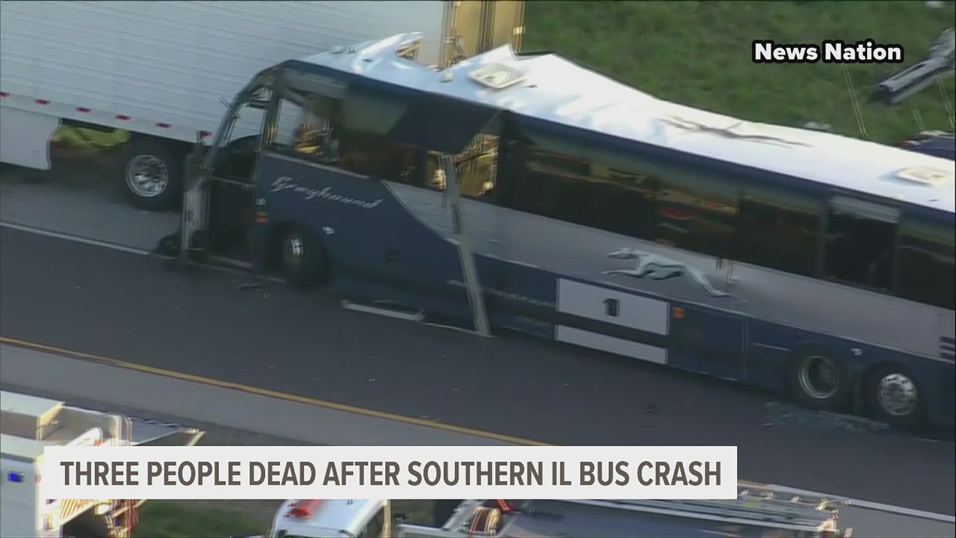 The Greyhound bus collided with three semi-trucks on an exit ramp to a rest area.