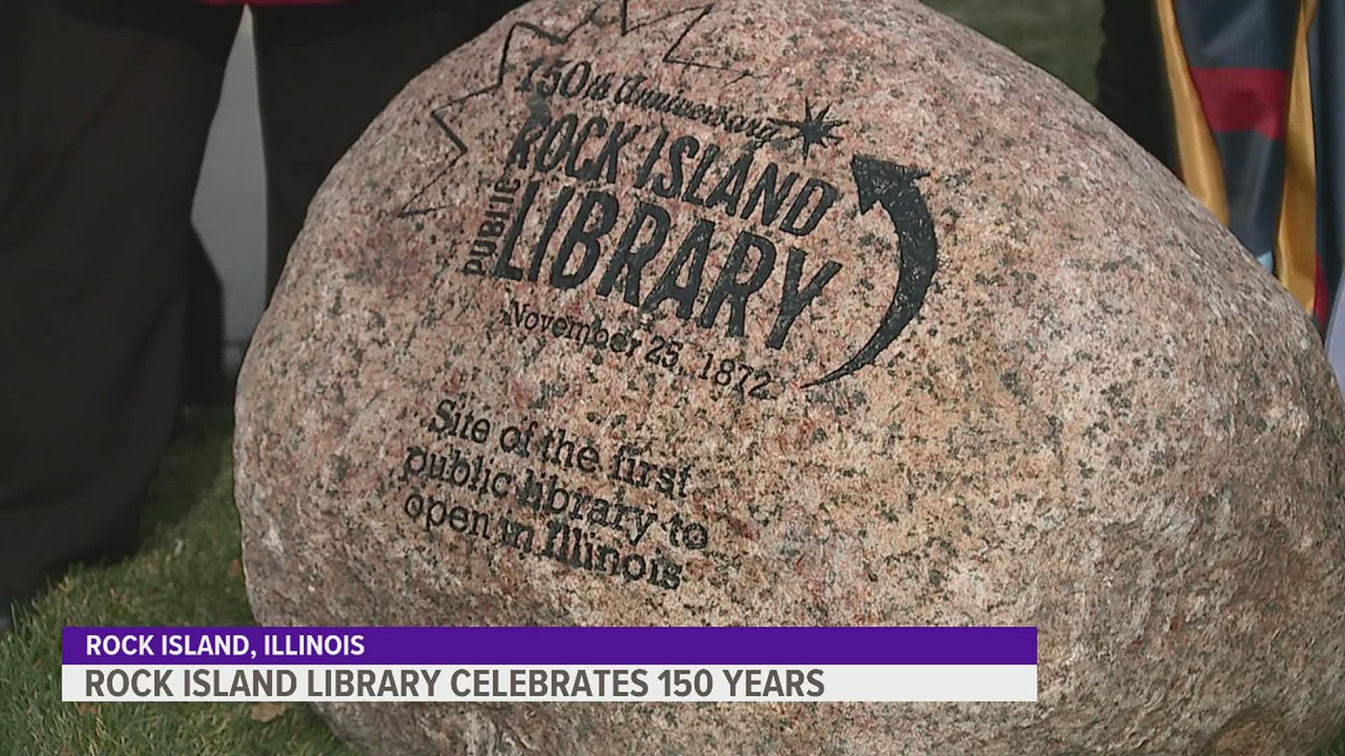 The library unveiled a new rock monument commemorating the location of the state's first-ever tax-supported public library, which was built in 1872.