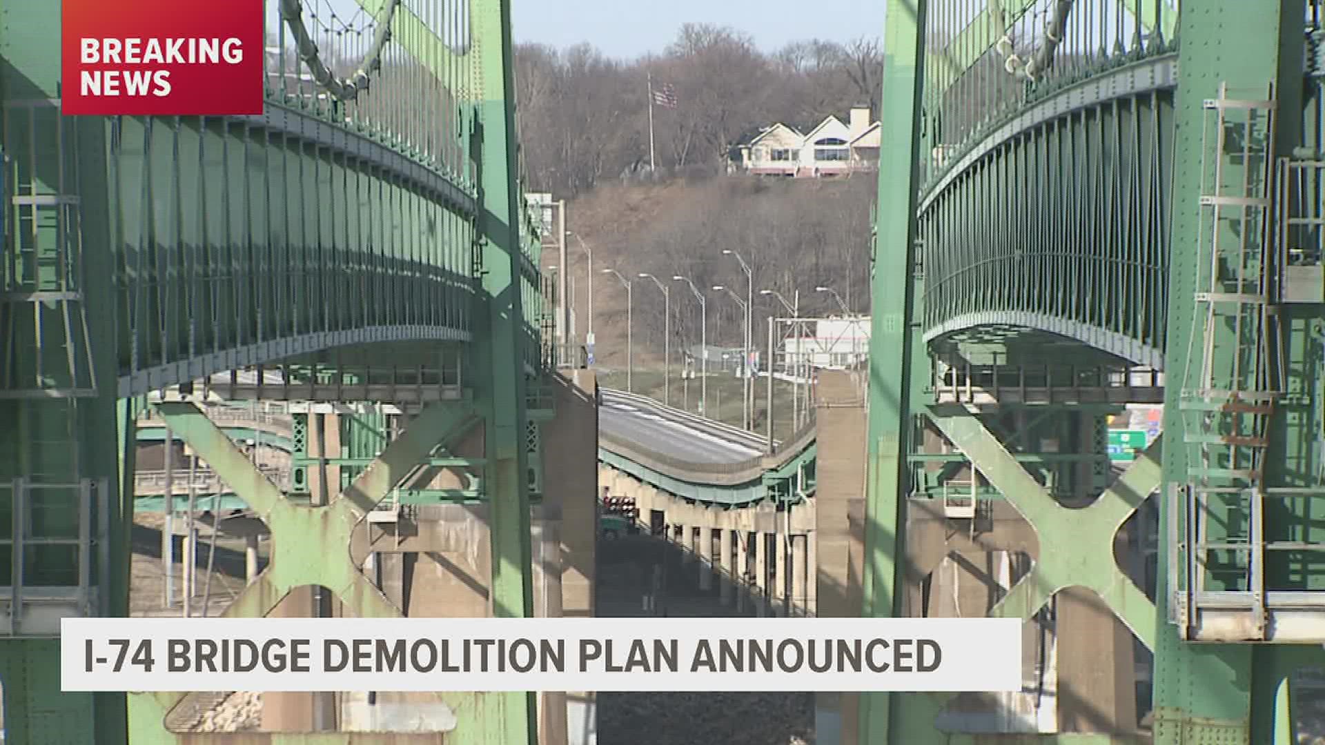 The old I-74 suspension bridge is slated to be completely removed by mid-2024.