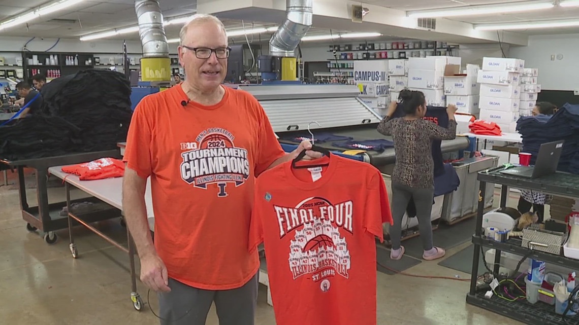 Illinois NIL Store selling piles of throwback Final Four shirts