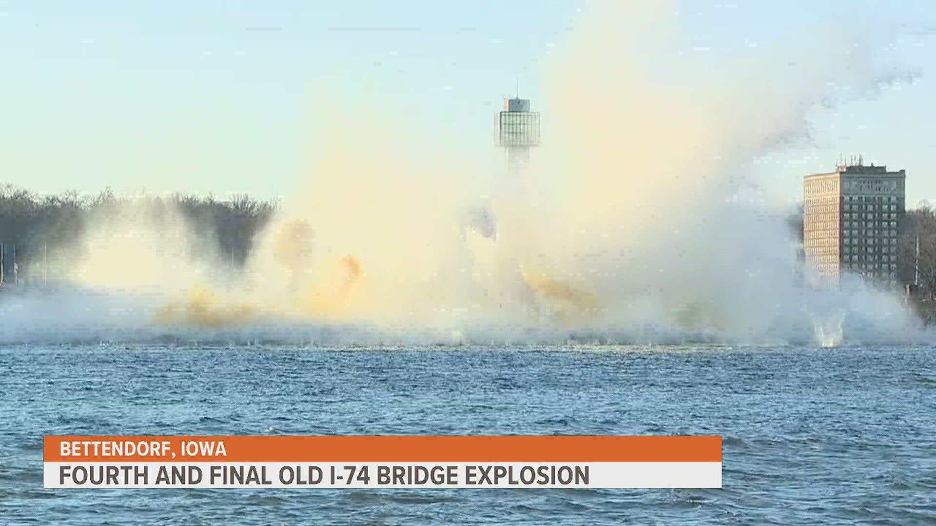 Controlled explosives were used for the removal of the Moline anchorage, one of the final pieces left of the old bridge.