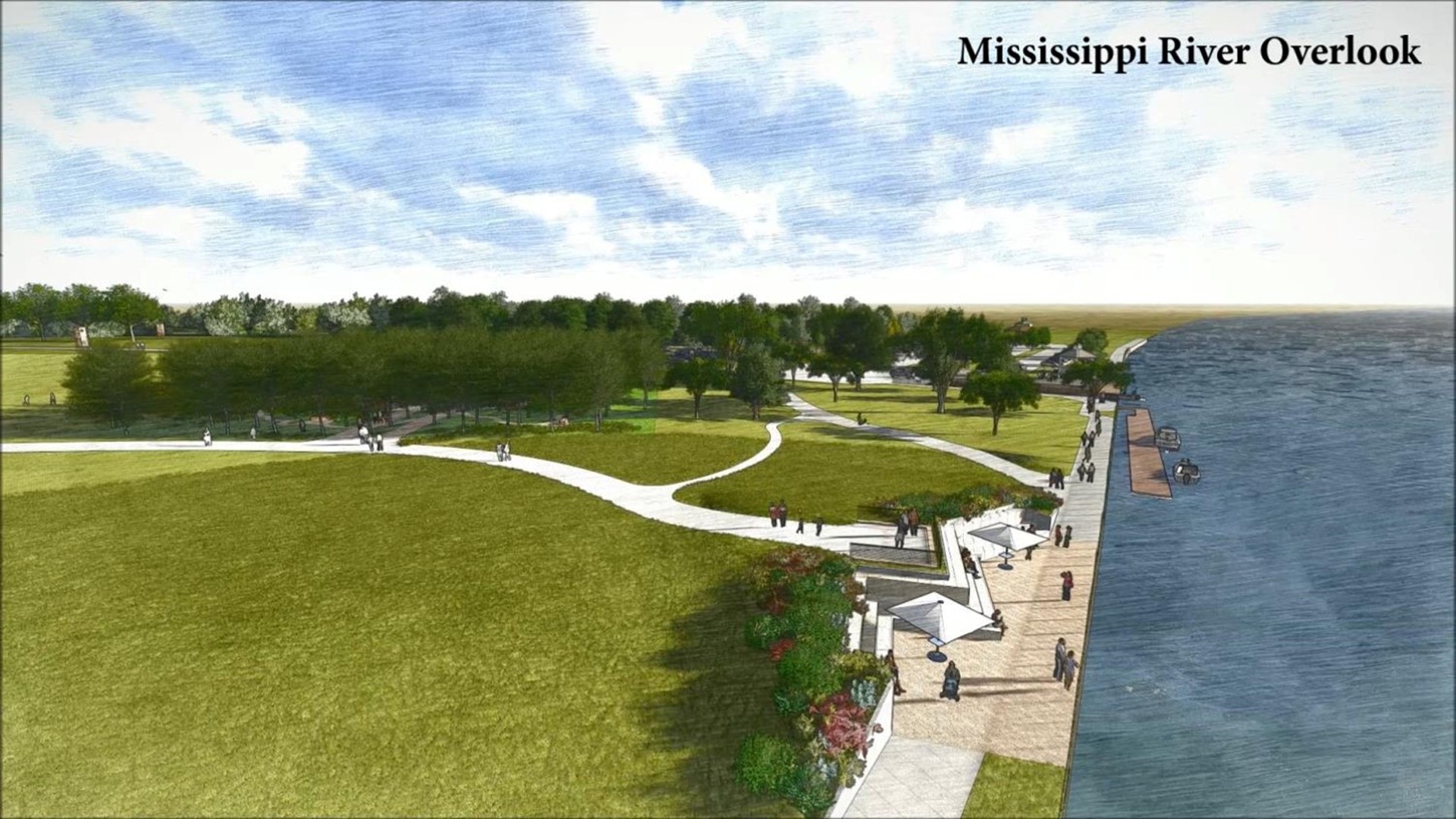 Park enhancements include a river overlook, landscaping, park amenities, and circulation trails.