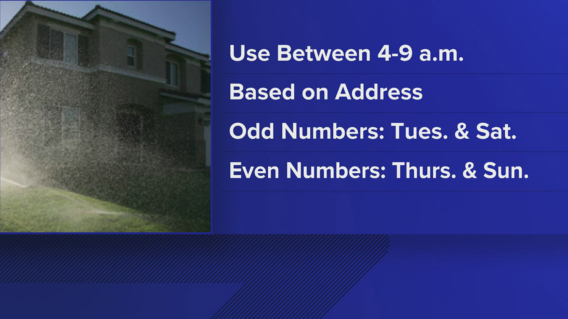 Starting Wednesday, residents are only allowed to use irrigation systems and sprinklers between 4 a.m. and 9 a.m.