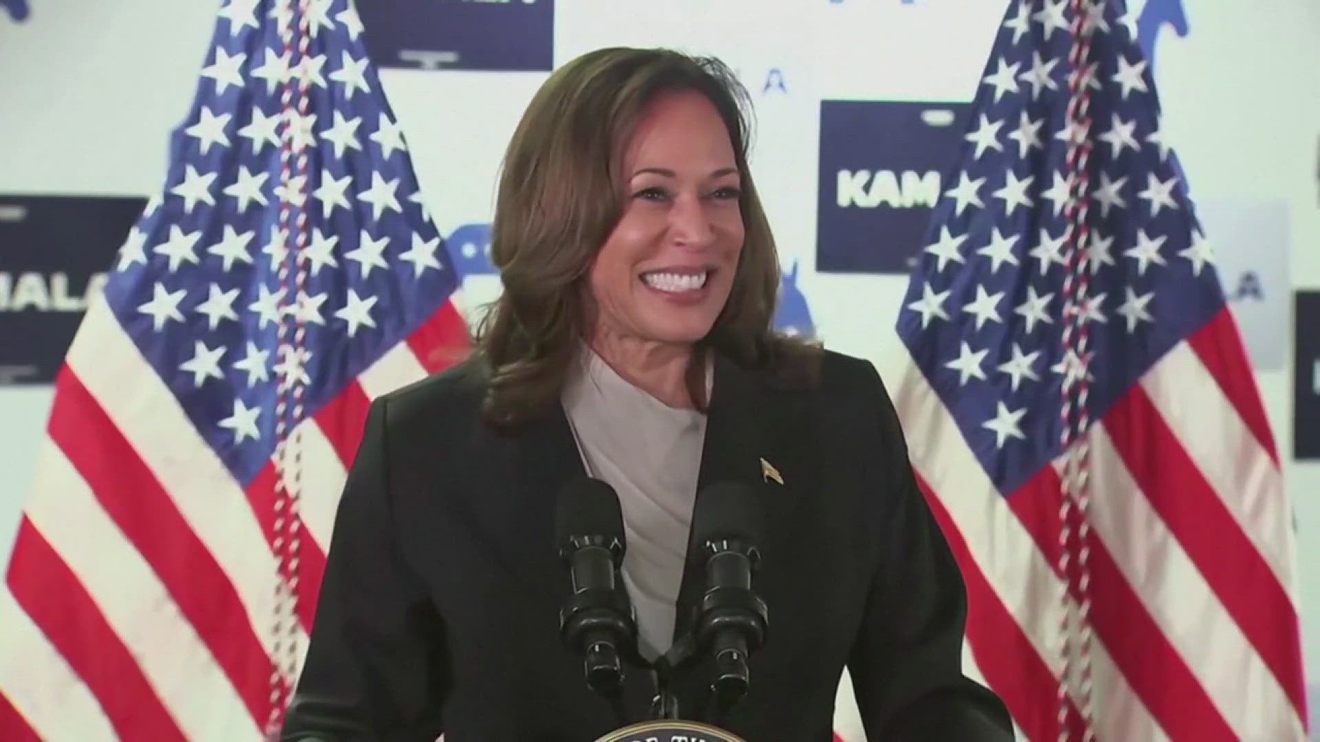 Kamala Harris appeared at the Democrat's campaign headquarters after receiving the news she had secured enough support.