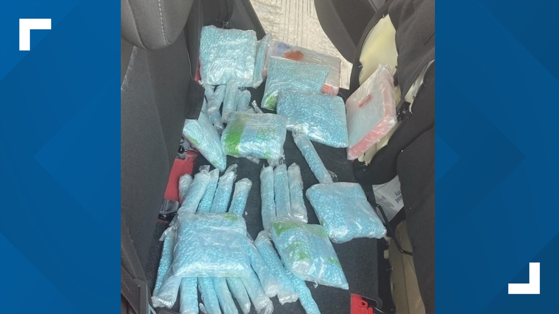 Inside the car, troopers found Oxycodone Hydrochloride pills and fentanyl bricks and pills in the hollowed-out seat cushions.