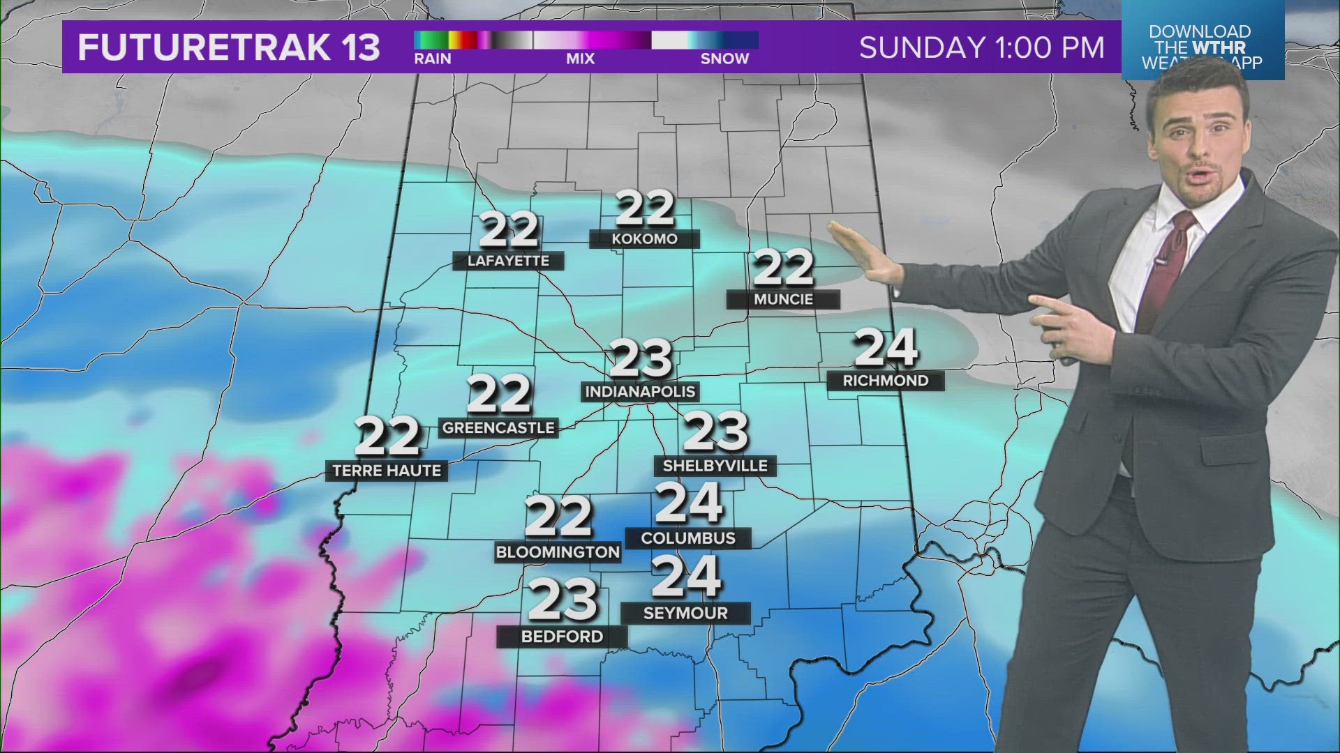 Arrival zones for heavy snow across Indiana on Sunday