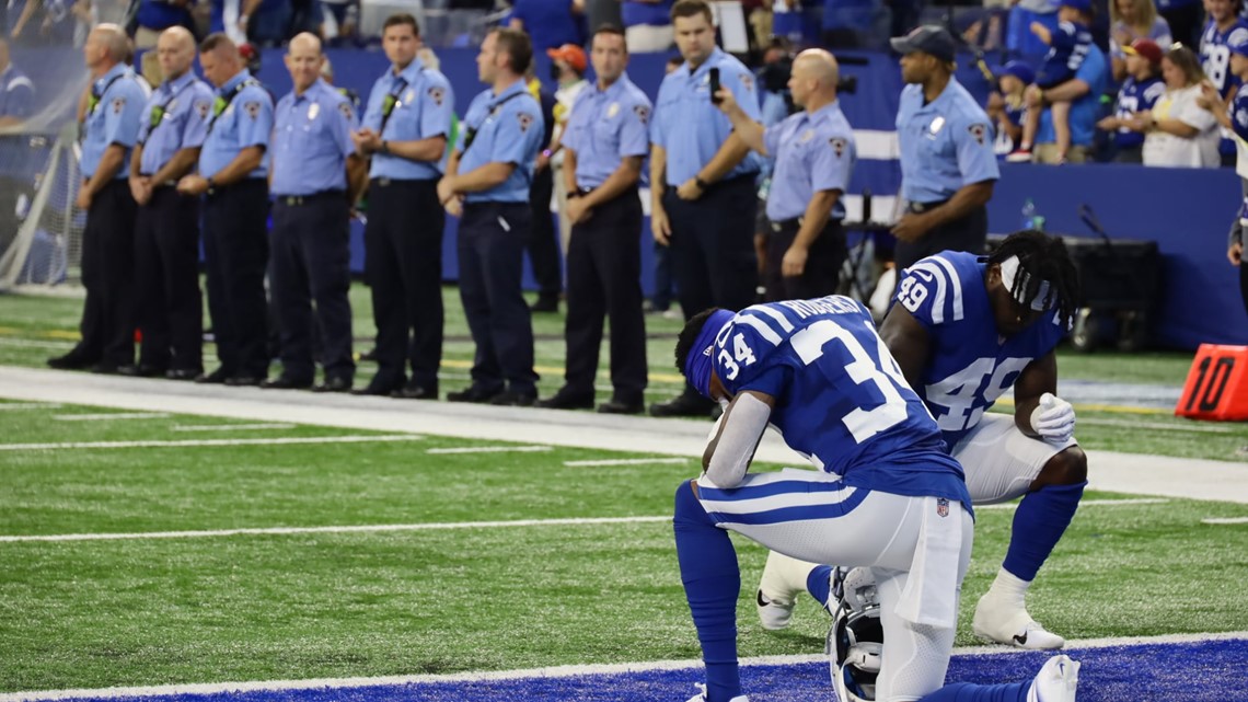 Indianapolis Colts linebacker Darius Leonard (53) warms up on the field  wearing a Salute to Service sweatshirt before an NFL football game between  the Indianapolis Colts and Baltimore Ravens, Sunday, Nov. 8