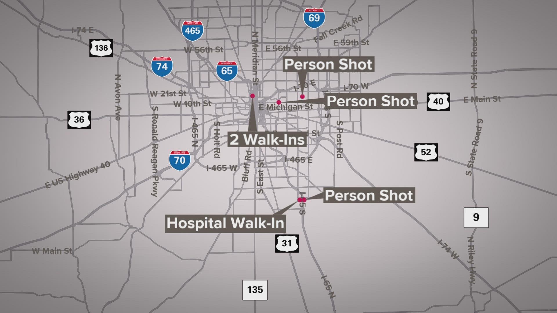 Six victims from five shooting incidents were treated at Indianapolis hospitals overnight.