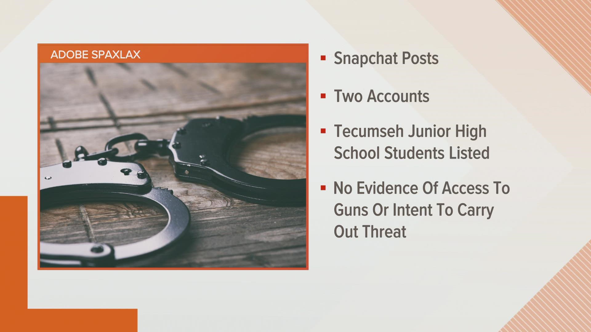 Police found two posts from two Snapchat accounts that listed several students as targets.