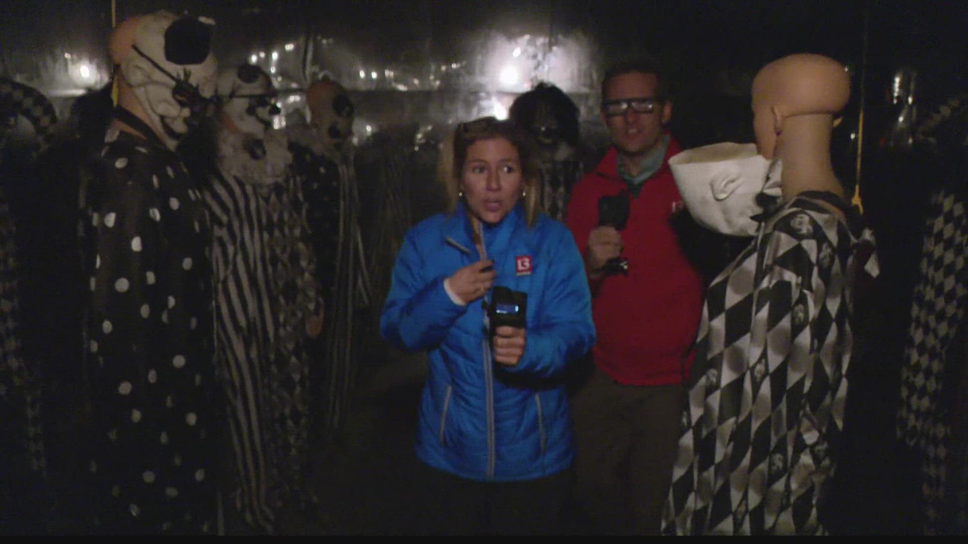 13Sunrise anchors Gina Glaros and Dustin Grove dared to walk through Indy Scream Park with cameras rolling.