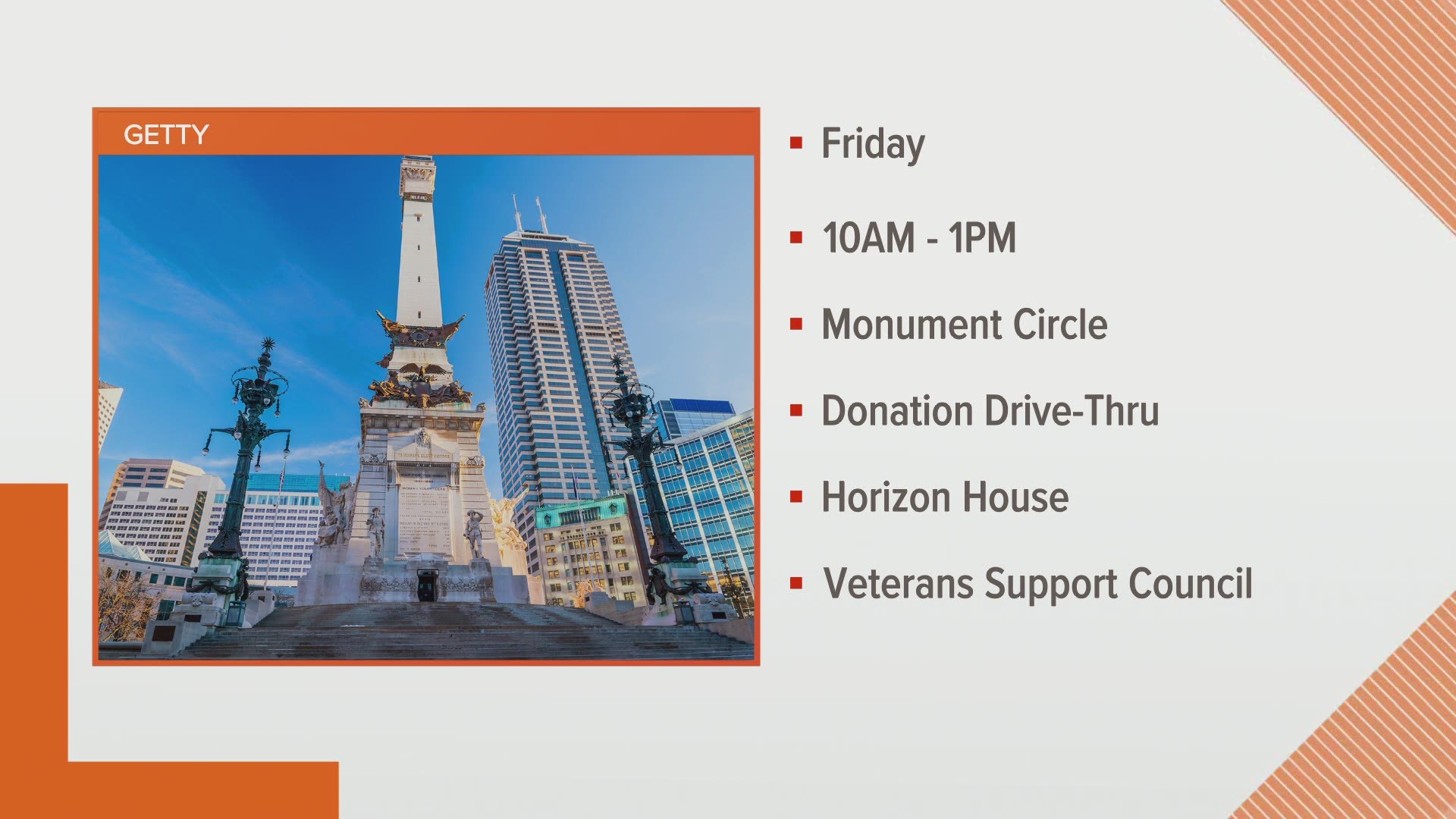 On Friday, Feb. 19, you can drop off donations on the southwest side of Monument Circle from 10 a.m. to 1 p.m.