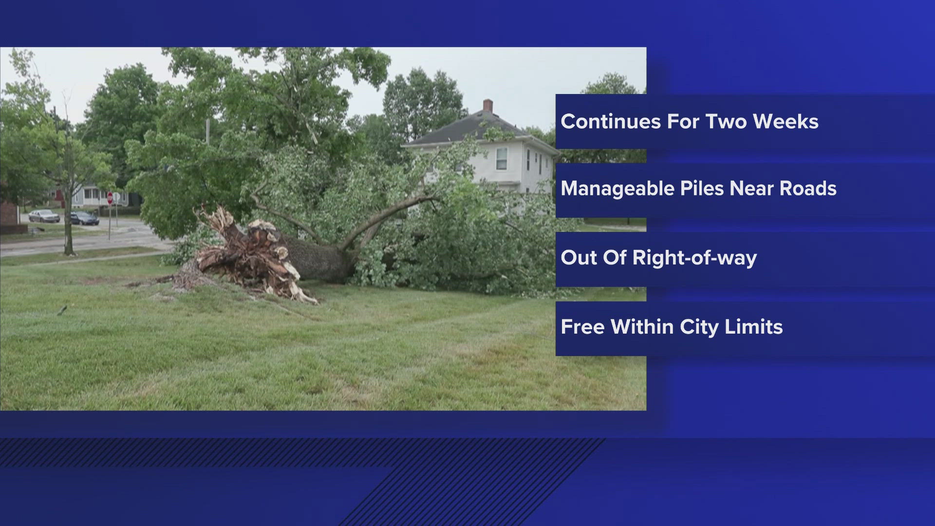 Beginning Monday, July 8 and continuing for two weeks, crews will collect tree debris from residents as long as the debris has been gathered into manageable piles.