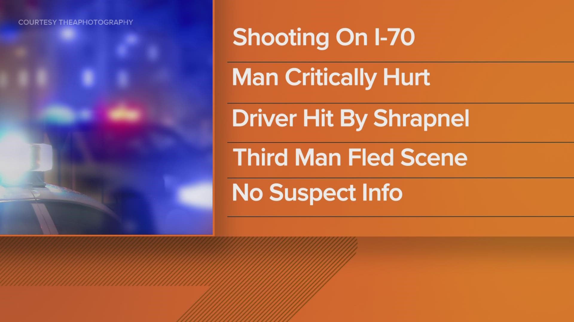 A man who had been shot was taken to the hospital in critical condition. A second person had minor injuries after being hit by shrapnel from the gunfire.