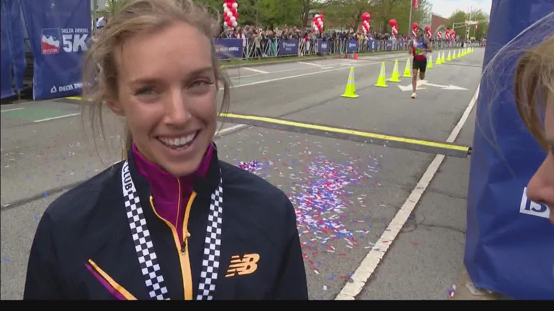 Olympian Emily Sisson won the Women's USATF road race portion of the Mini-Marathon in an American record 1:07.11.